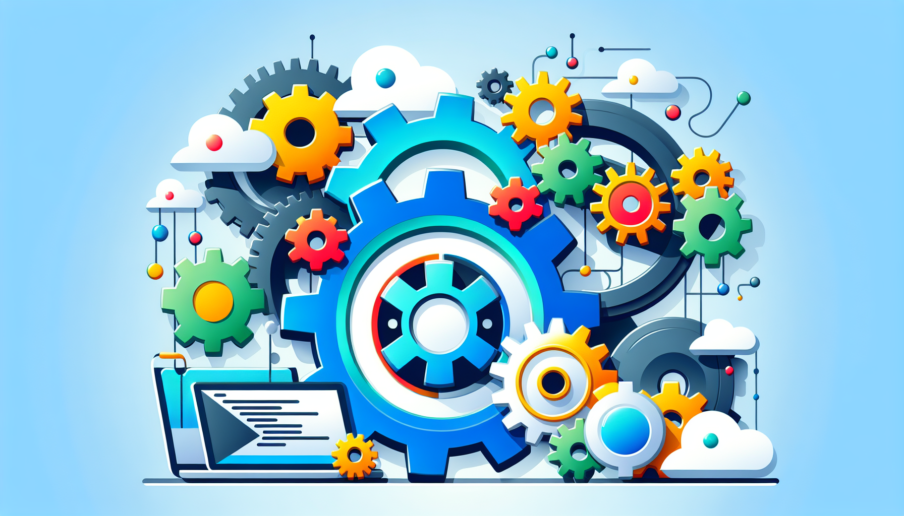Create an image depicting JavaScript engines without any text or people. The image could feature a stylized cogwheel mechanism, interlocking gears, and automated tools which could symbolize code execution. All colors should be bright and eye-catching, as the scene is intended for an article. Do not illustrate any recognizable brand names, logos or trademarks. The composition should convey a sense of digital technology and code processing, but without human presence.