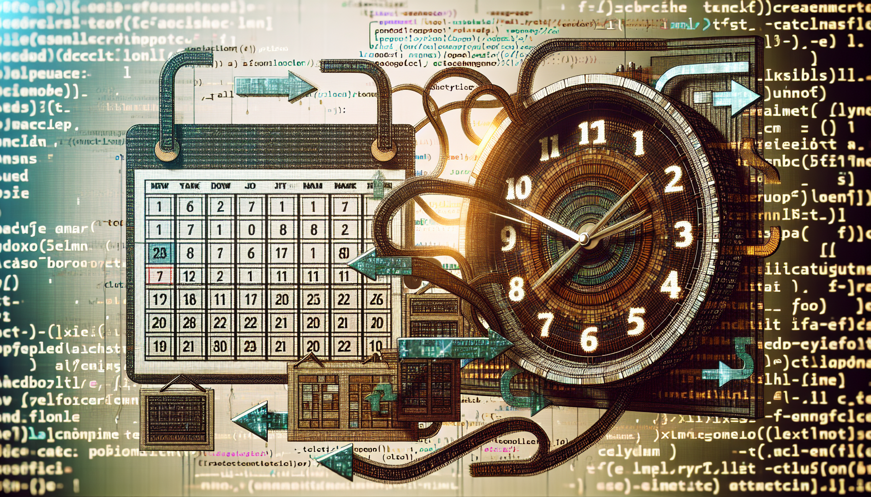 An abstract representation of JavaScript coding concepts in relation to date and time management functions. Visualize a calendar and a clock, both made of binary code, positioned on a background that looks like a computer screen. The calendar and clock are intertwined with symbolic flow arrows, signaling the passage and manipulation of temporal data. The overall color scheme is neutral, with small touches of vibrant colors like blue and green to symbolize code syntax highlighting. Ensure there are no identifiable brand logos, text, or people in the image.