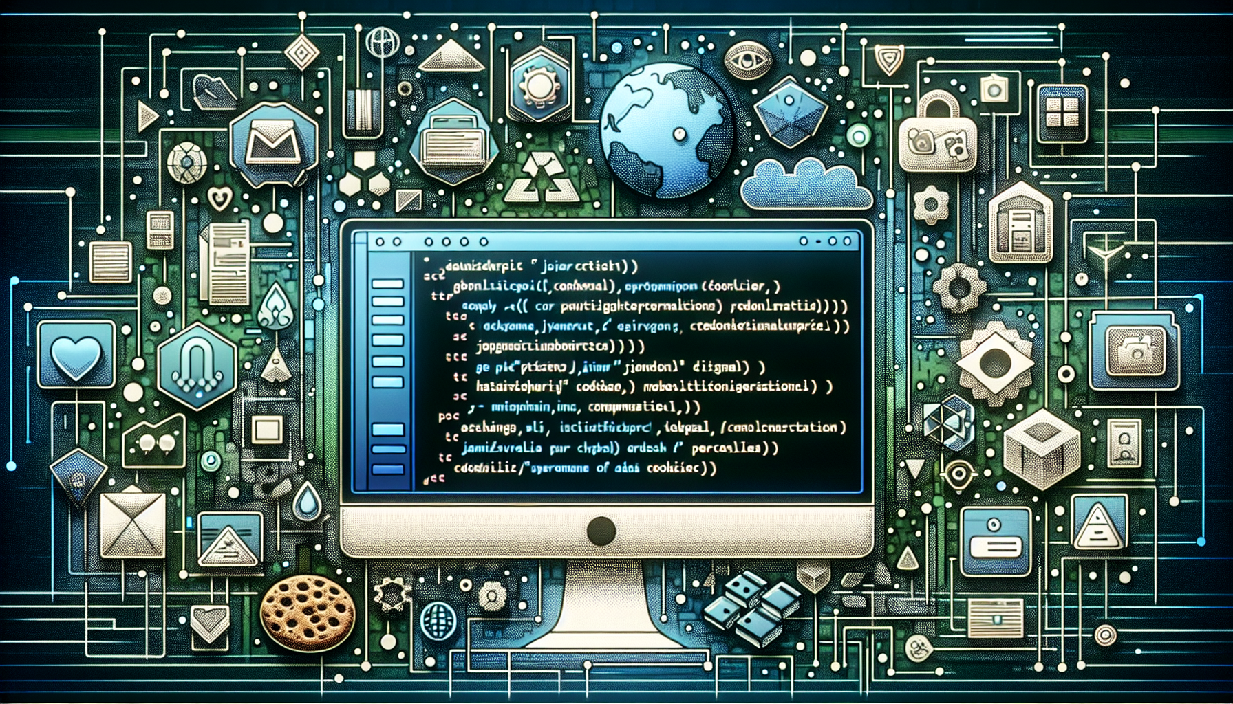 An image showcasing online web programming elements and symbols. Depict a screen-like structure filled with diverse arrays of code snippets, emphasizing JavaScript syntax, and intriguing icons that symbolize cookies. The background should be filled with abstract geometric shapes, symbolizing personalized data patterns, but should not have any text, brand names or people. Keep all elements simple, abstract and appealing to the digital savvy viewer, while maintaining a color scheme of greens, blues, and blacks common in web development themes. No brand names, logos or human depictions should be included.