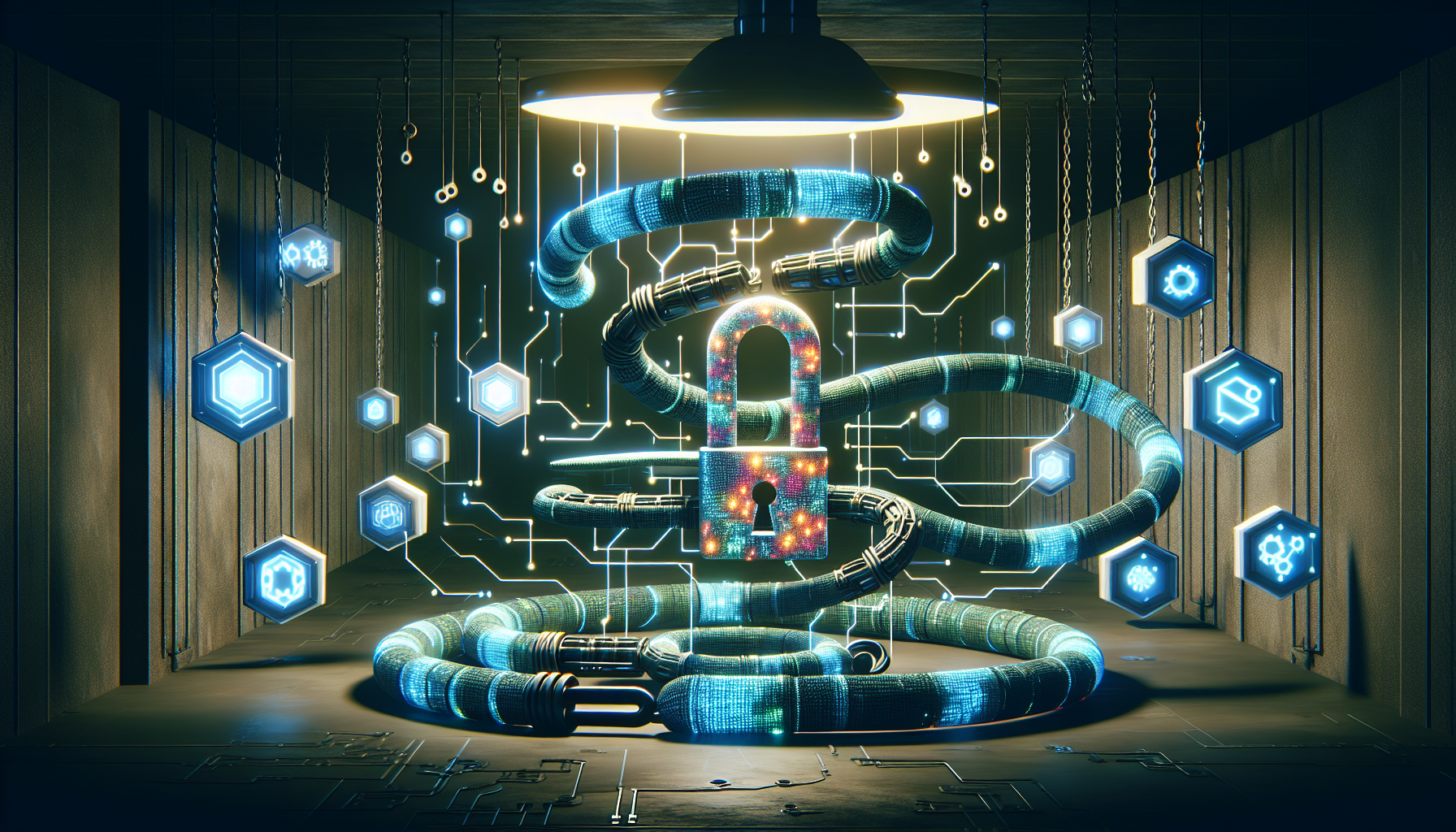 A metaphoric depiction of JavaScript programming concepts: 'scope chain' and 'closure'. The scene presents interlinked chains forming various layers to represent scope chain. Extract these layers and use bright colors for distinction. Within these chains, create uniquely shaped lock and key, symbolizing the idea of 'closure'. To further create association, visually illustrate the chains and lock-key with softly glowing digital circuit-like patterns. The environment around them is dimly lit and void of any human elements.