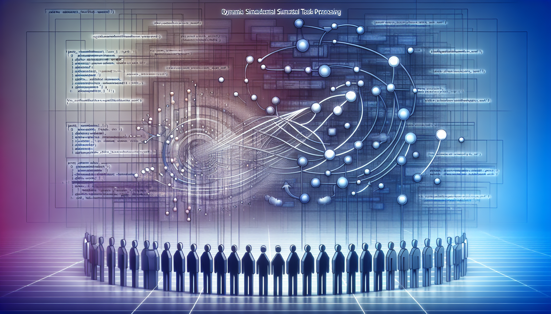 An abstract representation of the concept of concurrency and parallelism in programming. The image features a series of interconnected lines and nodes that represent data flow in Javascript. Off to the side, a group of uniform figures, akin to workers but without human features, manage the data flow, symbolizing Web Workers. The figure's actions suggest dynamic simultaneous task processing. The background is a subtle combination of blues and purples, evoking the feel of a digital workspace. Remember, no text, brand names, logos, or human characters should be present in the image.