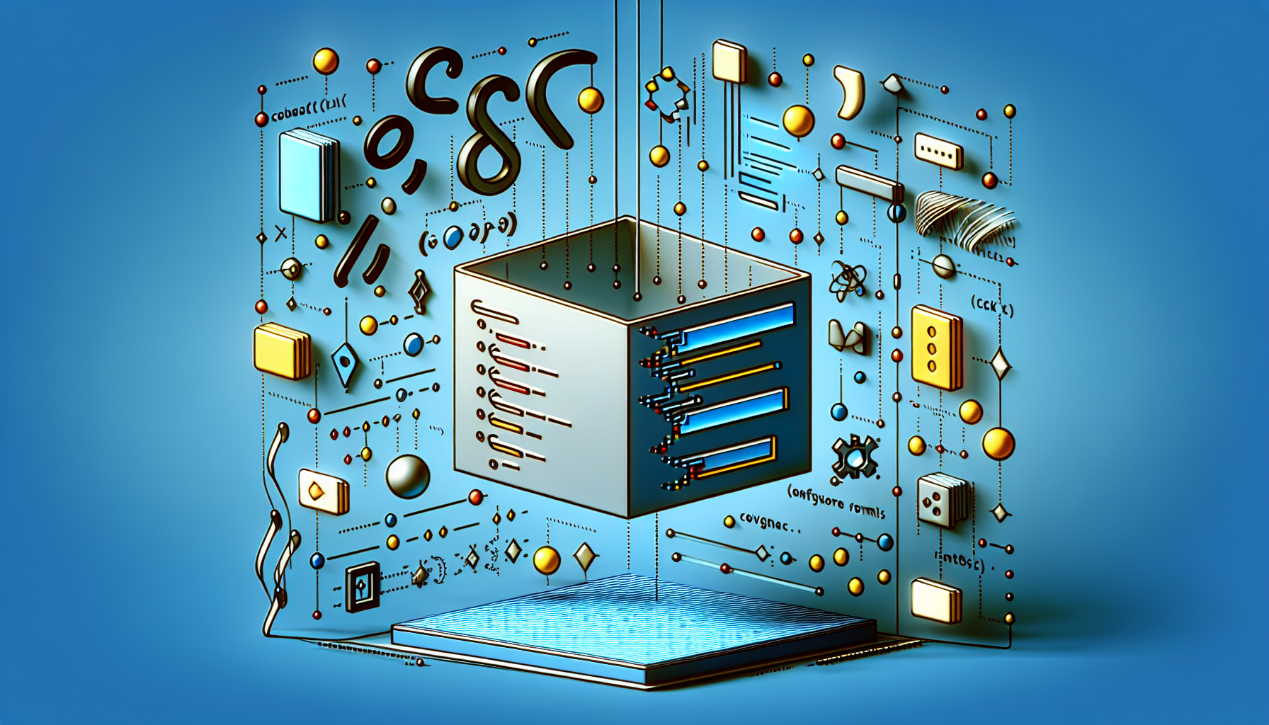 Visual representation of an abstract illustration related to programming and web development, specifically JavaScript. The image shows various elements symbolic of coding like curly brackets and semicolons spread across the image. There's a 3D form floating in space, symbolizing online forms, with different fields represented by abstract geometric shapes. The forms and coding elements are interlinked through lines and dots, visualizing the connection between JavaScript and form building. The colors are mostly blues and yellows, typical colors associated with JavaScript. No people, text, brand names, or logos are present in the image.