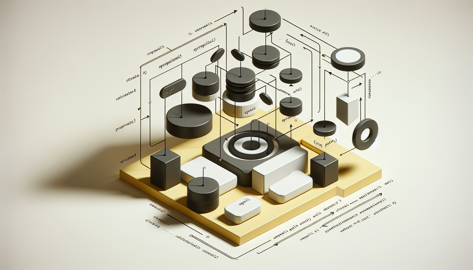 An abstract representation of object-oriented programming with JavaScript. The image portrays a variety of geometric shapes containing symbols representing properties and methods. Dark circles symbolize objects, with arrows emanating and pointing towards other circles, symbolizing methods being called on these objects. A larger rectangle encompasses smaller shapes demonstrating encapsulation in object-oriented programming. The aesthetic is neutral, minimalistic and done in shades of yellow and gray. The image is devoid of people, text, brand names, and logos.