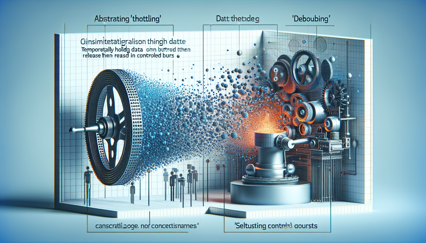 An animated machinery regulating the flow of abstract data particles: representing the concept of 'throttling'. Next to it, a conceptual visualization of a buffer or dam temporarily holding data, then releasing in controlled bursts to signify 'debouncing'. All set in a clean, abstract space that might suggest the JavaScript ecosystem. Ensure that there are no logos or brand names, and that the image doesn't contain any people or text.