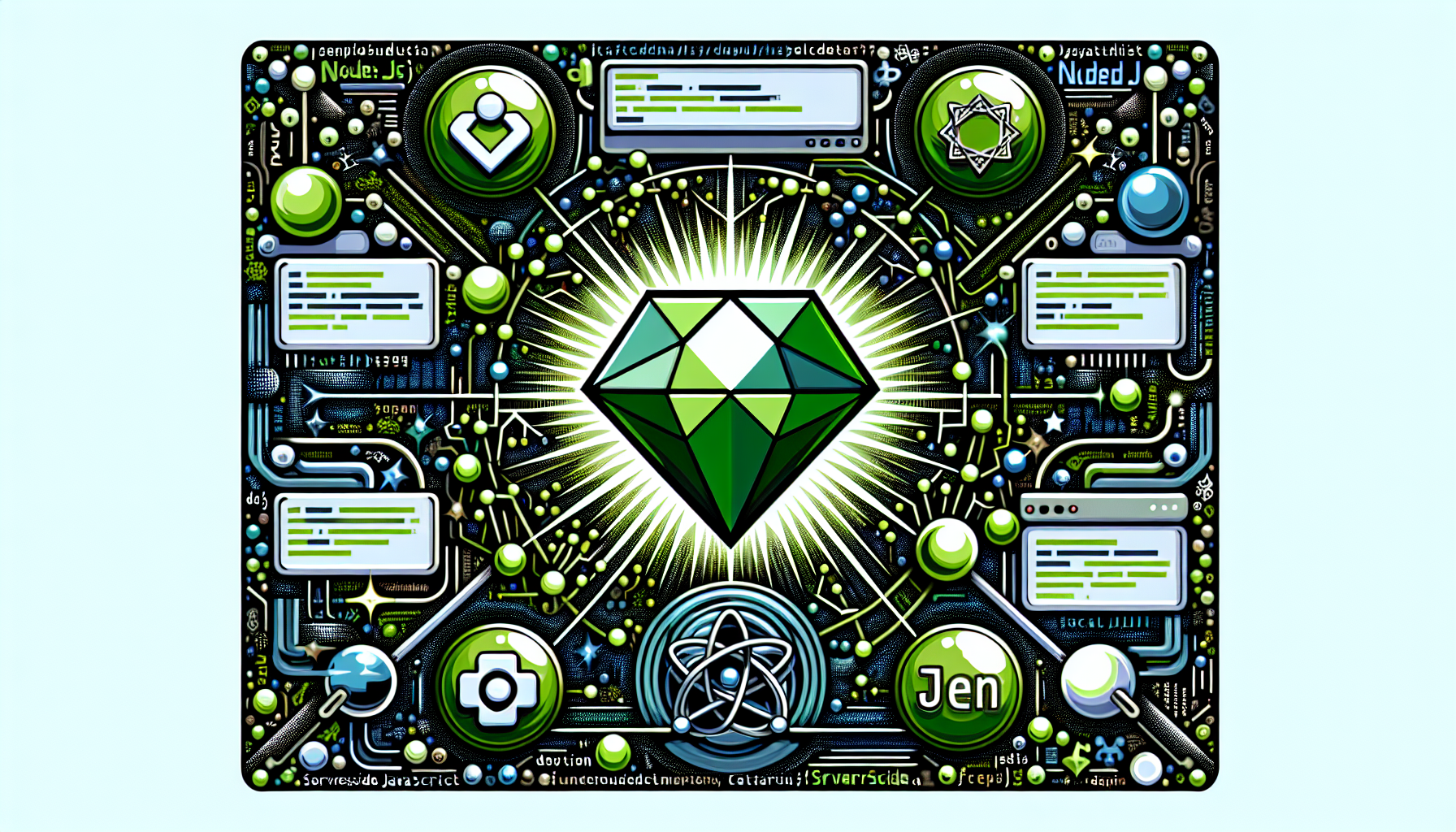 Create a detailed image capturing the essence of server-side JavaScript with Node.js. The image should depict the Node.js logo as a shining green gem (do not use the actual logo as we can't use brand names), surrounded by abstract representations of JavaScript symbols and code, without directly showing any text or brand names. Also, please ensure the image does not include any people or any form of logos.
