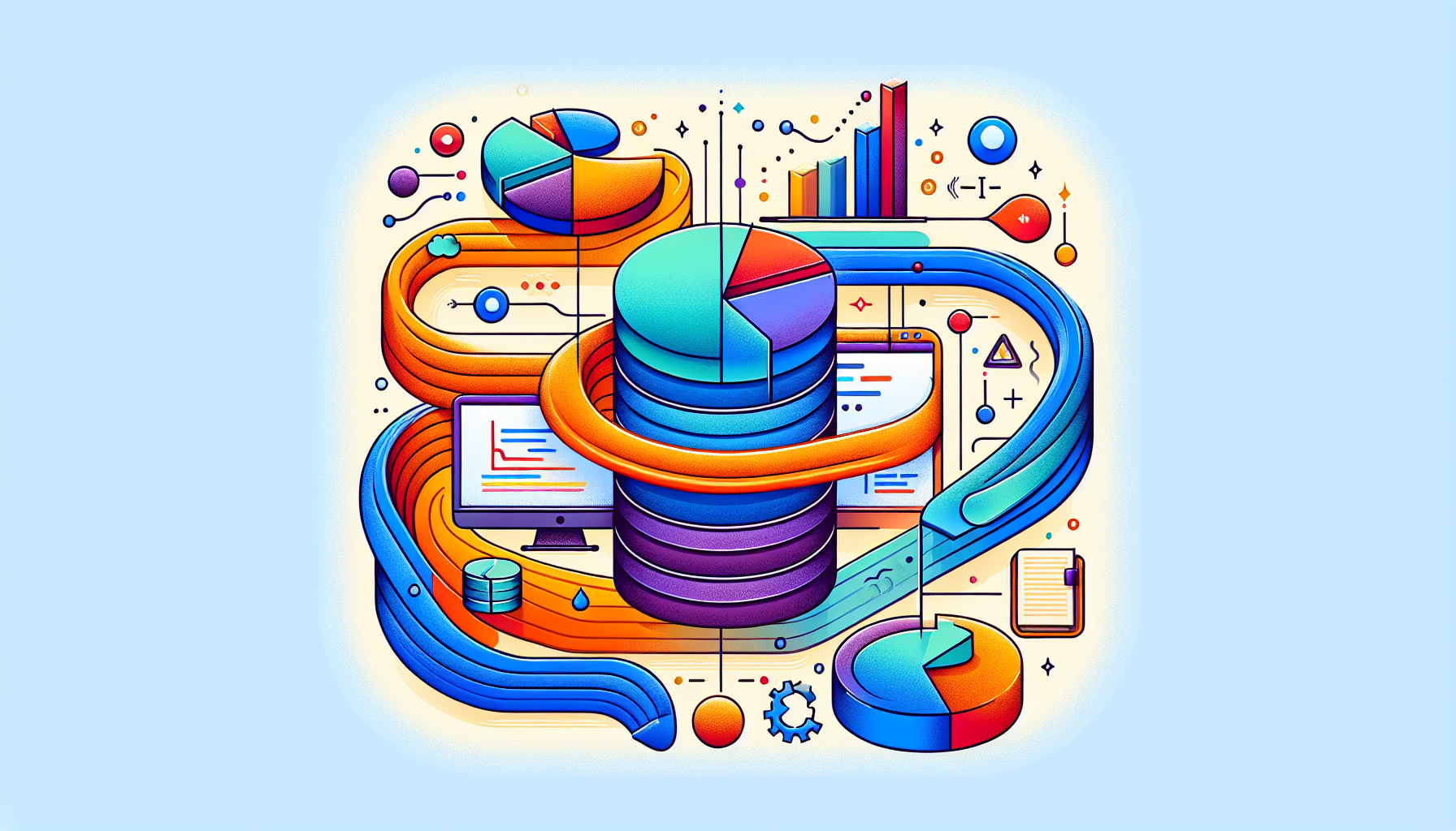 A colorful image representing the process of creating interactive charts and graphs using JavaScript libraries. In the center, there should be a symbolic representation of a computer screen displaying abstract bar charts, line graphs, and pie charts. There should be thin, swirling lines symbolizing the flow of data from a database symbol (standard 3 cylinder icon) to the screen. Nearby, there should be small, stylized icons representing various components of a JavaScript library, like a small book (for documentation) or braces (for code structure). Ensure no humans, text, or brand names are included in the image.