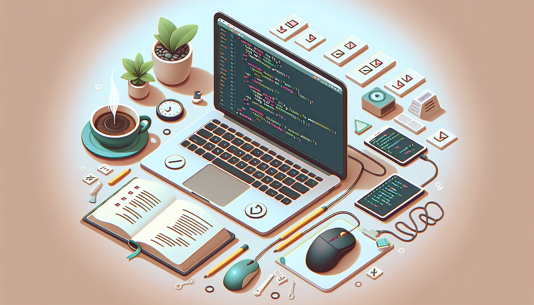 Visual representation of building a to-do list application using basic JavaScript: Show a minimalist workspace consisting of a coffee cup, a laptop open to a code editor with JavaScript code, a mouse, and a programming book. Make sure no text or logos visible on these items and in the image. Also, show symbolic icons such as checkboxes and list, indicating a to-do list application. Surround everything with a pleasant, calming atmosphere, possibly with some indoor plants in the background.