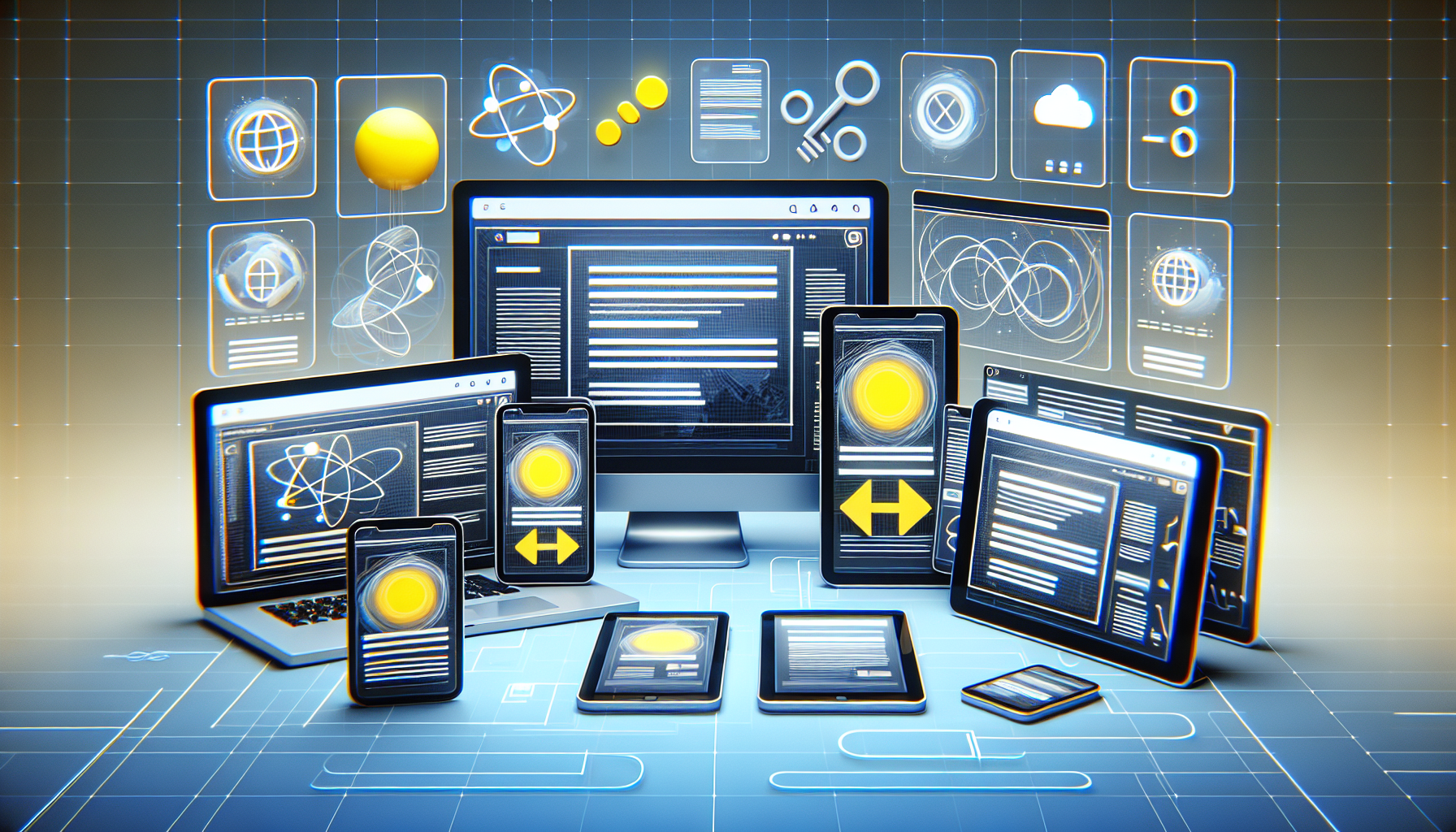 A visual representation of responsive web design. Picture an array of digital screens of different sizes: a desktop monitor, a laptop, a tablet, and a smartphone. On each, different web layouts properly fitting the screen size are displayed. Near these devices, floating icons symbolizing JavaScript and Media Queries can be seen -a yellow circle with squiggly symbols for JavaScript, and a magnifying glass with '+ -' icons for Media Queries. All objects are set against a sleek, modern background with an abstract pattern, ensuring no brand names or logos are depicted.