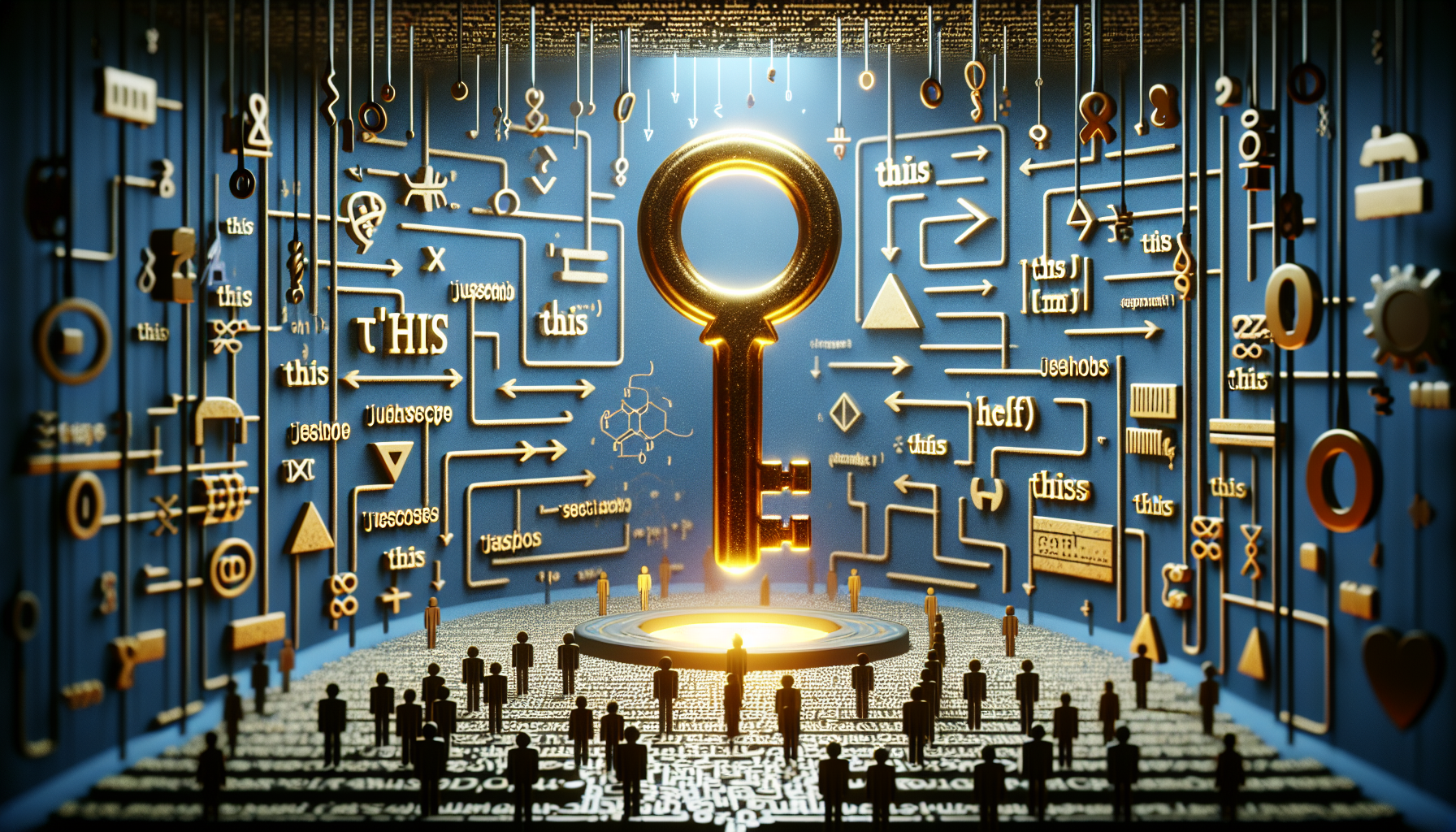 Depict a symbolic representation of JavaScript's 'this' keyword. Visualize it as a golden key surrounded by coded symbols that are hovering in thin air. Include relevant JavaScript symbols like curly braces and parenthesis. Also, depict a complex maze in the background, symbolizing depth and complexity. Representation should be entirely abstract, without any people, text, brands, or logos. The scene should carry a hint of a mystery, reflecting the intricacies of understanding this difficult programming concept.