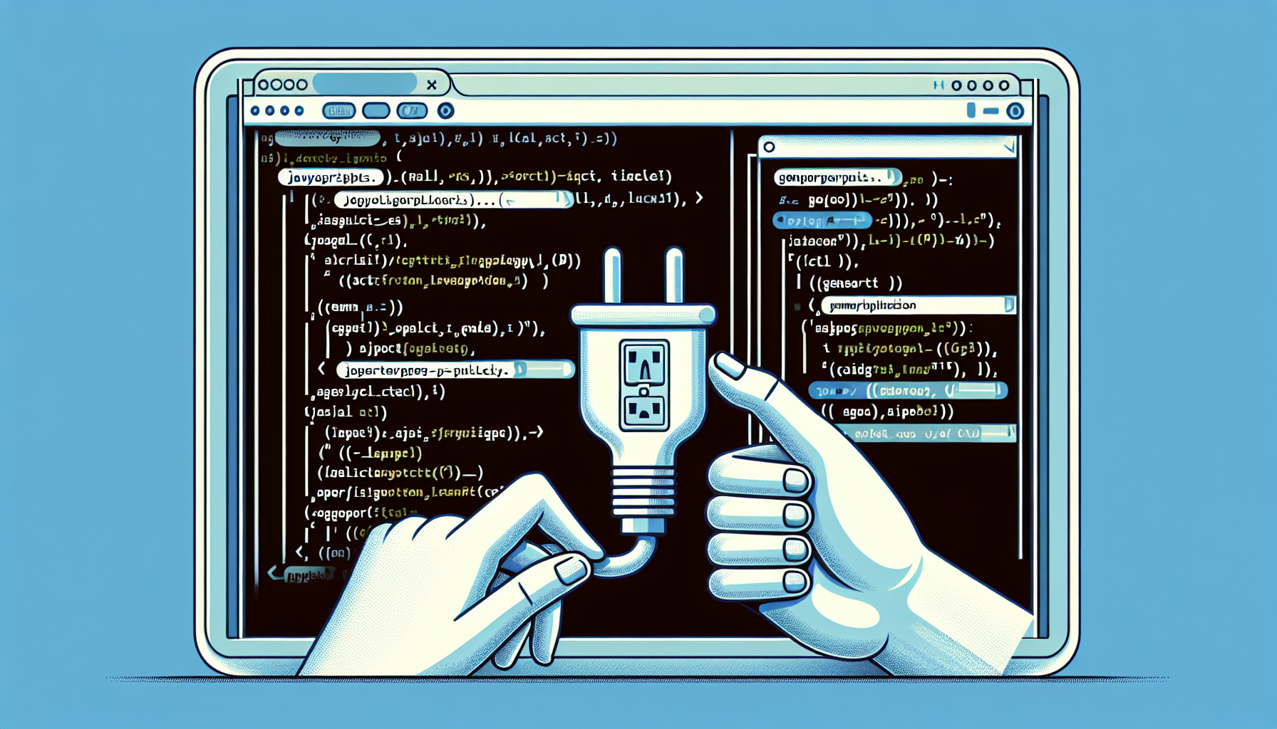 An image showing a visual representation of a JavaScript code editing window with different tabs open. The interface is populated with generic-looking, non-branded code lines representing third-party API integration. On one side, there is a metaphorical depiction of a plug being inserted into a socket, symbolizing the concept of 'integration'. There are no brand names, logos, people or any text within this image.