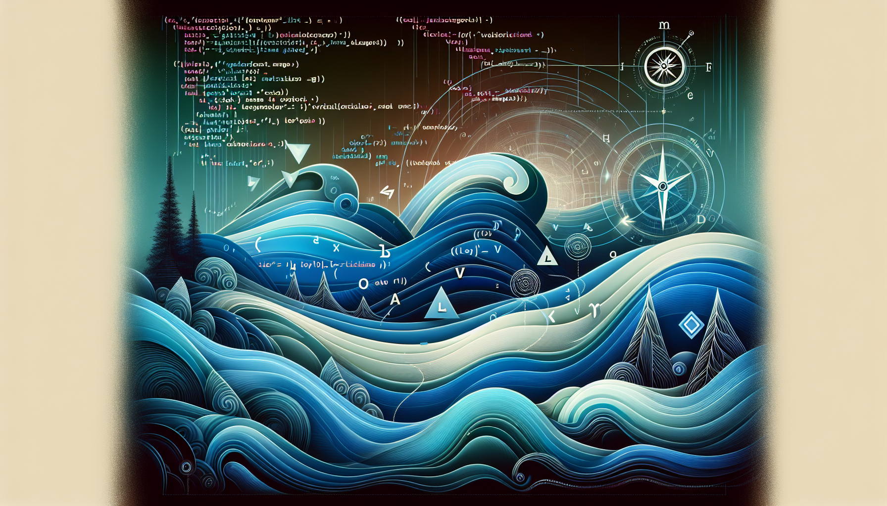 A digital concept visualization for understanding JavaScript Variables, designed for beginner programmers. The image depicts a variety of abstract elements: layers of code resembling waves at sea indicating the depth and fluidity of JavaScript, symbols representing variables gracefully dancing amid the layers, and a compass symbolizing guidance throughout the learning journey. The color scheme is a calming blend of indigo and teal, representing the balance between the complexity and approachability of JavaScript. All components are abstract and free from text, people, brand names, and logos.
