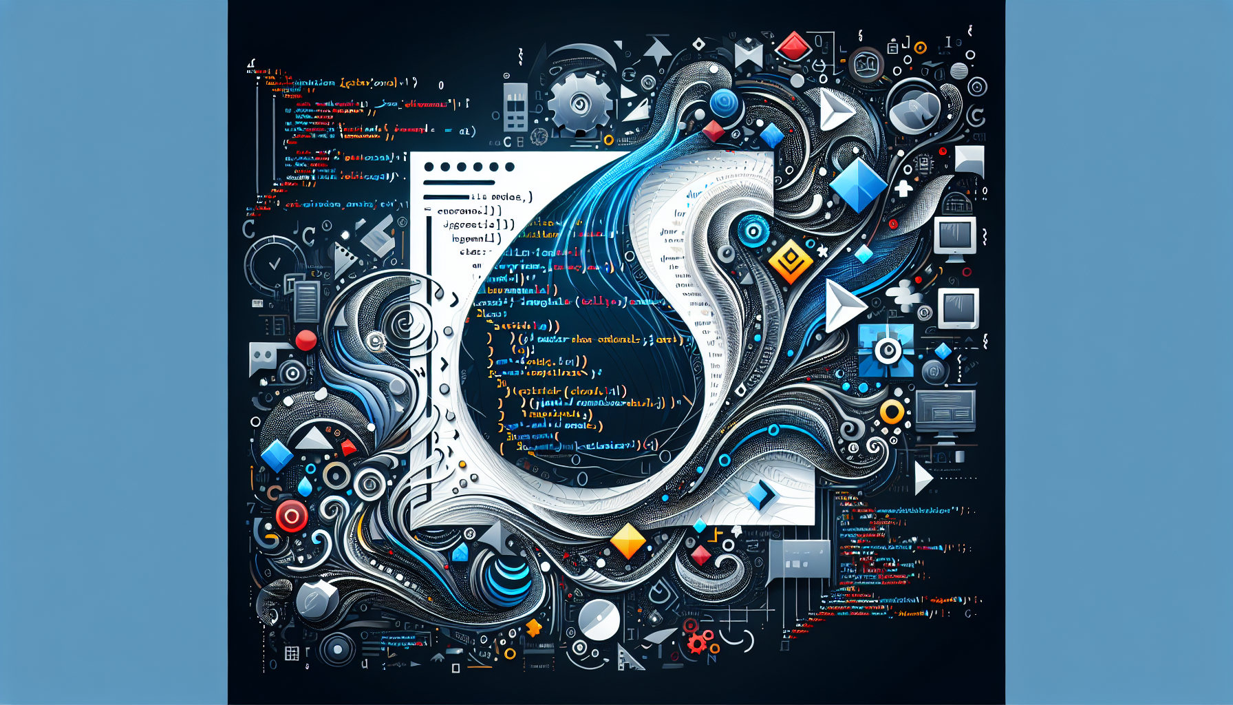 Illustrate an abstract visualization of JavaScript coding process moving towards the creation of a custom modal window. Show symbols, such as curly braces and semicolons, along with iconography related to coding (like neatly arranged grids and abstract symbols), coalescing to form a representation of a modal window. To emphasize the 'custom' aspect, ensure the modal window design is unique, with creative element placements and unconventional shapes, but maintaining a recognisable immersive window-like structure. Prevent the inclusion of any text, brand names, logos, or people figures within the image.