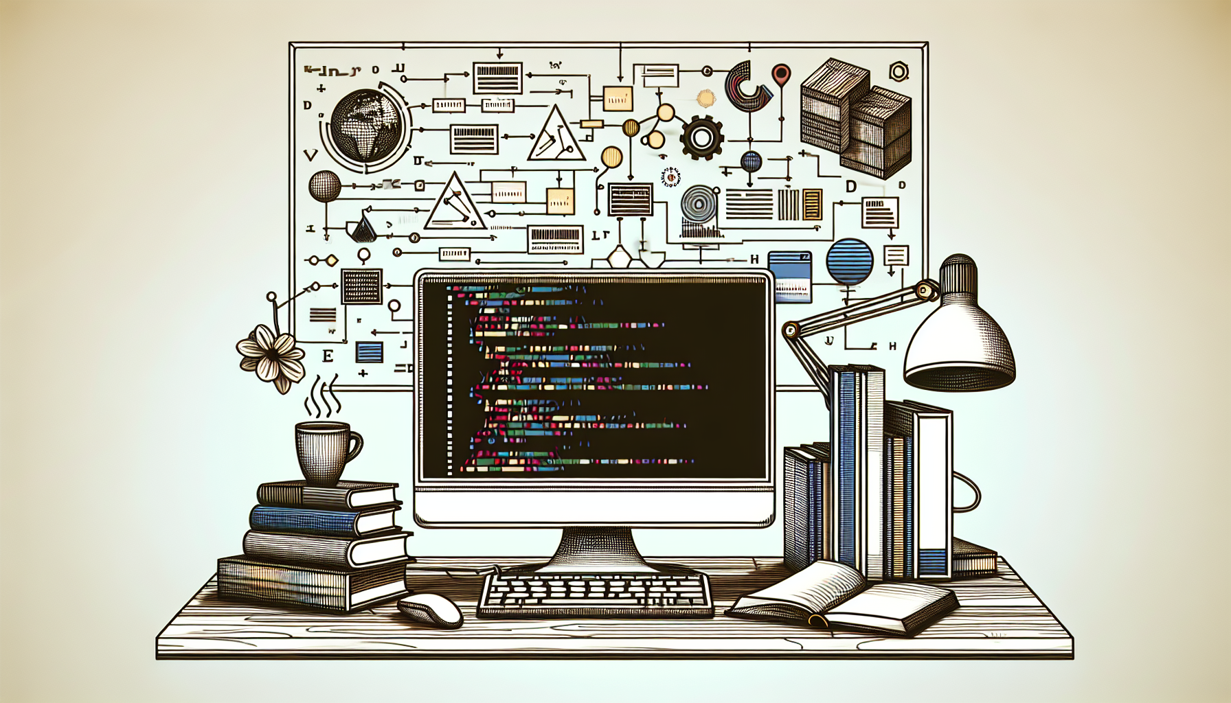 A visual representation of programming essentials symbolized with abstract elements. Picture a desk with various items related to coding. There's a computer with lines of code on the screen, the code utilizes abstract symbols, no text. Next to the computer is a stack of plain, unmarked books presumably on coding context, a cup of coffee, and a pair of headphones. In the background, a whiteboard showcasing flowcharts and diagrams, without any text details. The environment is clean, representing a minimalist workspace.