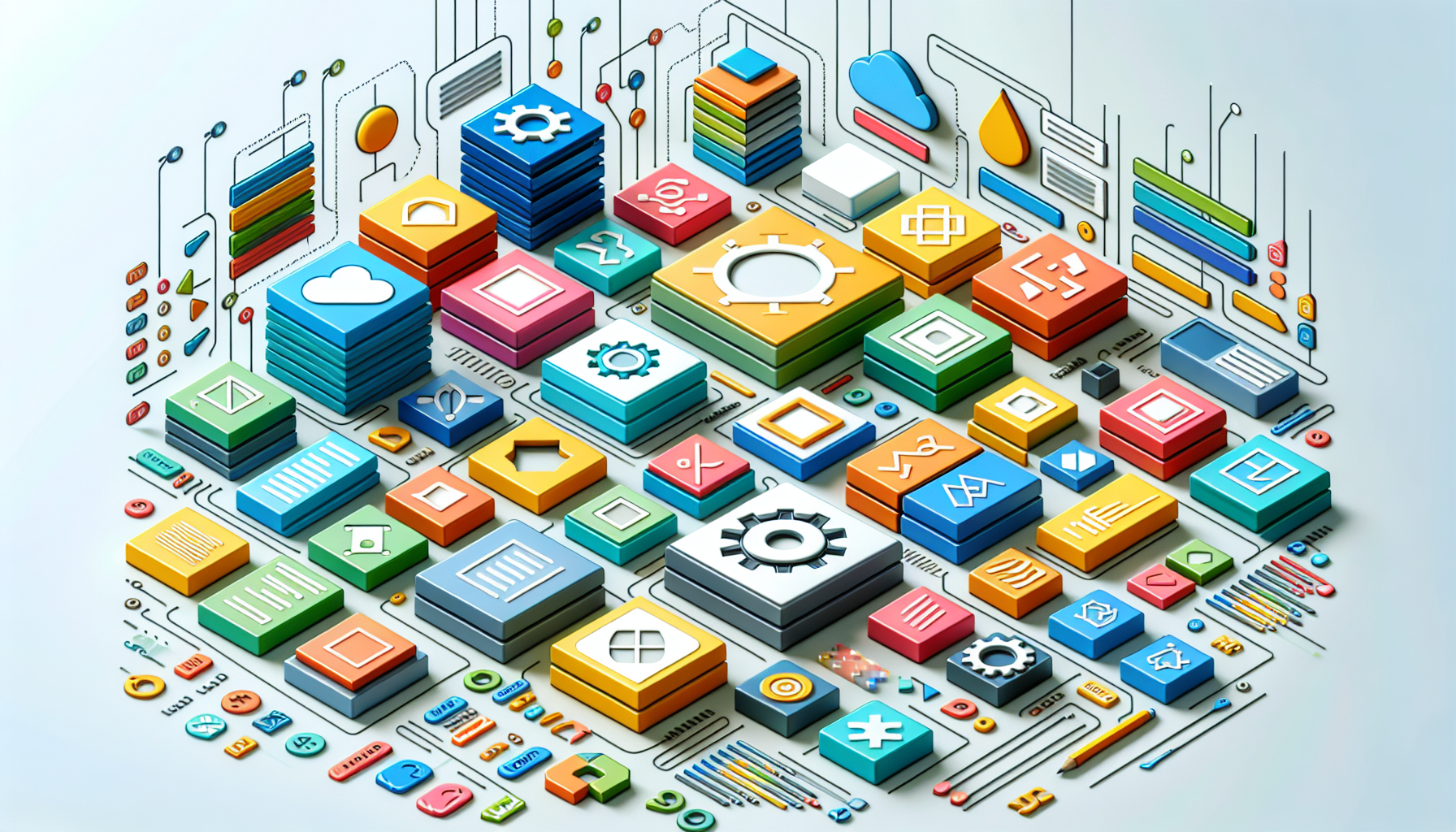 A digital illustration of various technical building blocks meaningfully organized on a clean, flat surface. The blocks are colorfully and distinctively represented by different geometric shapes: squares, rectangles, circles, triangles. Each shape represents a different library vital for web development. Additionally, include common web development symbols, such as coding brackets, clouds for cloud computing, and gears for automation. Please ensure there are no brand names, logos, text, people, or specific programming languages symbols in the image.