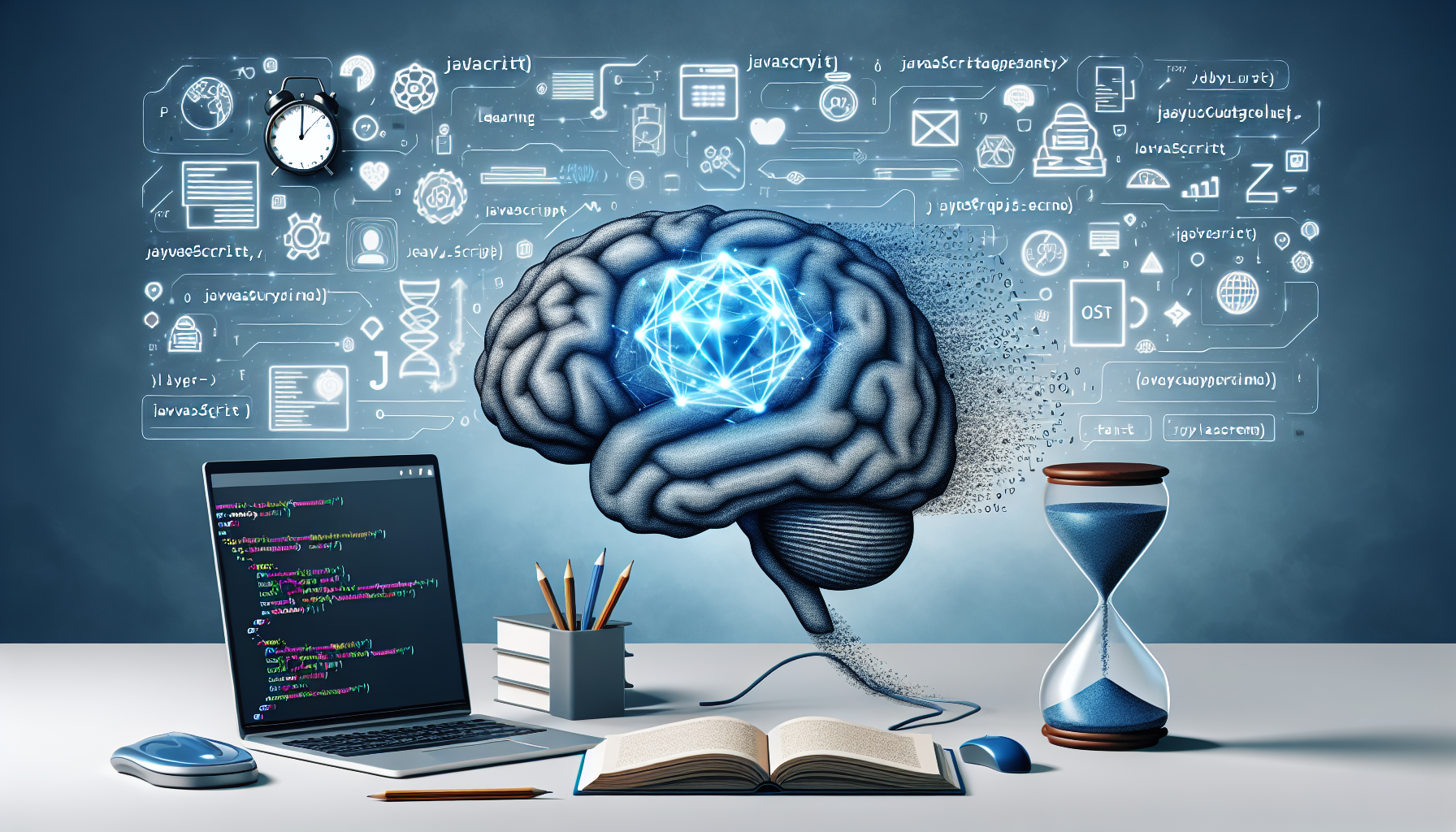 A conceptual representation of learning JavaScript quickly. The scene includes an image of a brain with computer code symbols floating around it, signifying the computer language being absorbed quickly. Also present is an hourglass with sand running through it, symbolizing the fast passage of time. Lastly, there's a simplified representation of a computer near the brain, indicating the application of the knowledge. All depicted without human figures, text, brand names, or logos. The color palette is calm, with shades of blue, grey, and white, promoting an atmosphere of focus and learning.
