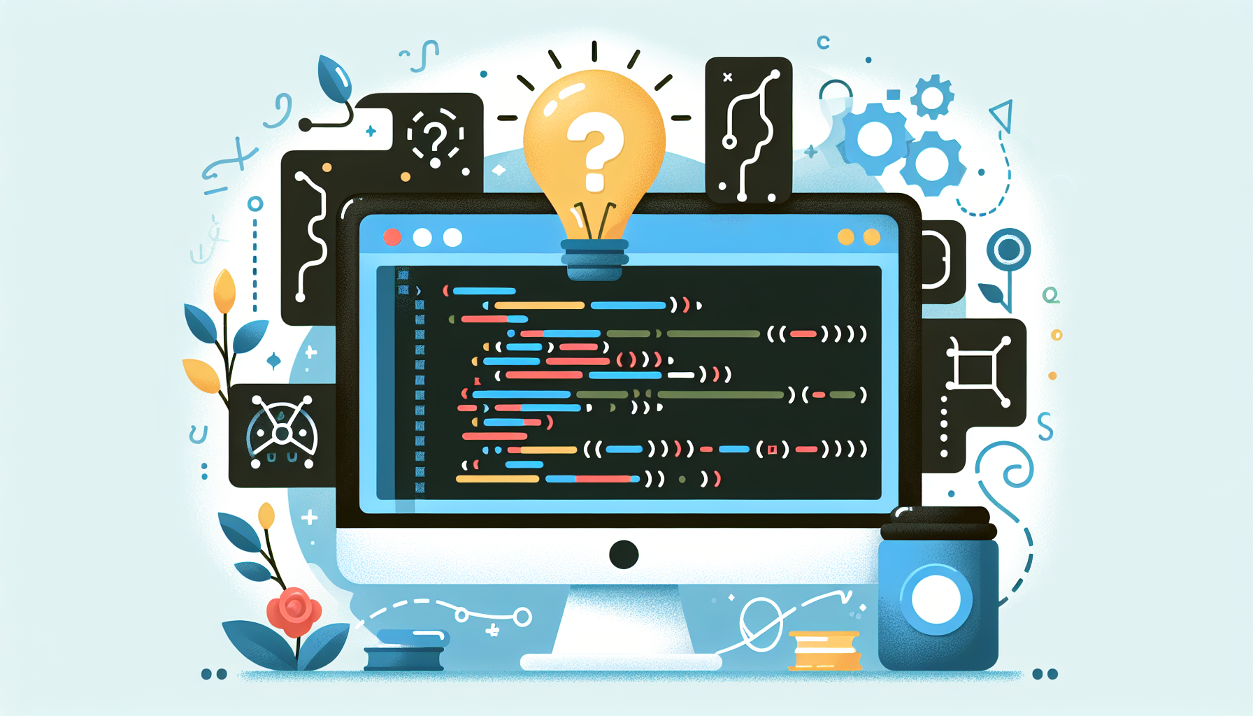 Illustration of a computer screen showing a code editor with JavaScript code, accompanied by a floating question mark and light bulb symbolizing problem solving and innovation. Meanwhile, the edge of the picture features abstract designs that visually represent logic flows and algorithms. No people, text, or brand names are included.