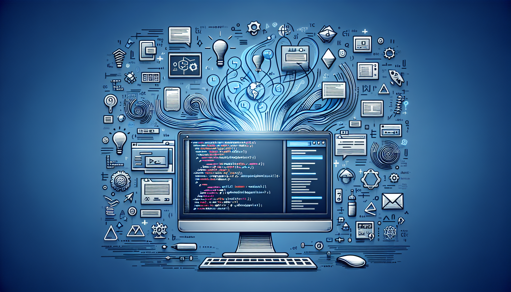 Create an image showcasing a conceptual design that represents the fusion of JavaScript and WebRTC for building real-time applications, without any human figures involved. Visualize a computer monitor with code symbols floating around it. Represent the interactive nature of real-time applications by illustrating flowing data streams symbolically connecting various abstract interface elements. Make sure no text, brand names, or logos appear in the image or on any items within the image.