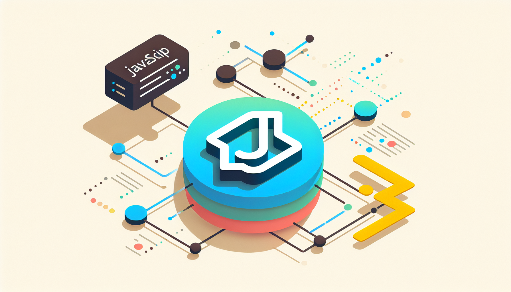 A minimalistic and modern graphic design illustrating the process of using JavaScript to fetch data from an API. The main focus of the composition should be a symbolic representation of a JavaScript symbol (such as its logo but without breaching copyright), network lines indicating data transfer, and an icon suggestive of an API endpoint. The image should be devoid of any human figures, text or brand names, and should be constructed in an abstract digital aesthetic. The colors should be vibrant, yet easy on the eyes with an inviting layout, while maintaining a professional ambiance.