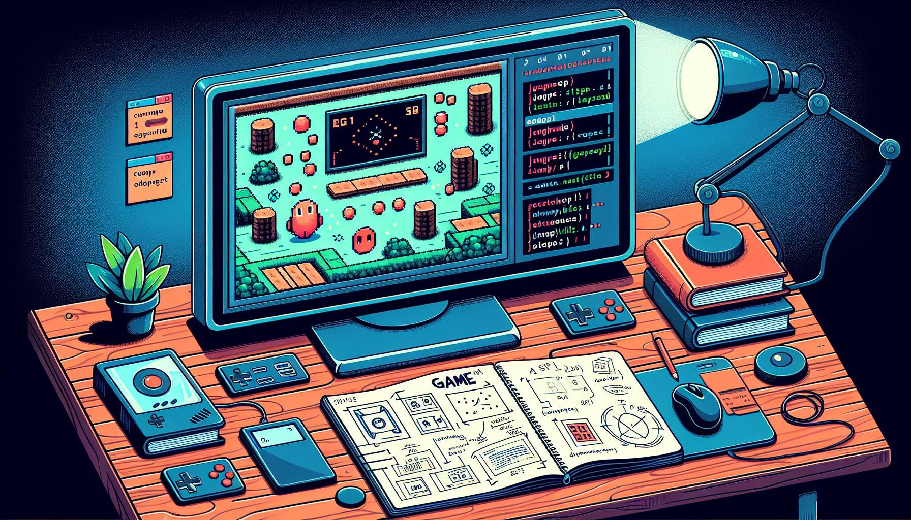 An illustration showing the process of developing a basic game using JavaScript. Display a table with a glowing computer screen showcasing a simple 2D game with generic shapes like circles and squares. On the computer screen, represent various game elements: animated characters, scores, and a simple retro looking field. Beside the computer, place a notebook sketched with game design ideas and diagrams, and some coding books about JavaScript. Make sure no humans are present in this picture, no text on any objects, and avoid including any recognizable brands or logos.