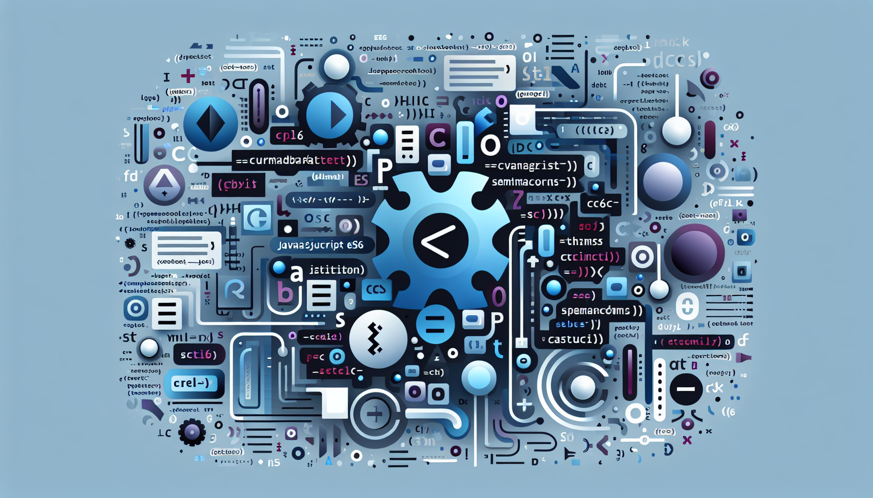 Create an abstract visual representation with symbols often associated with programming languages. Specifically, take inspiration from JavaScript ES6, using items such as curly brackets, semicolons, and equals signs. Avoid including any text or brand names, and refrain from including human figures within the image. Depict the elements in technological, digital-looking style without displaying any actual code to maintain the illustration abstract and iconic. The color palette should be in cool hues of blues, purples, and greys, giving a futuristic and tech related feel to the image.