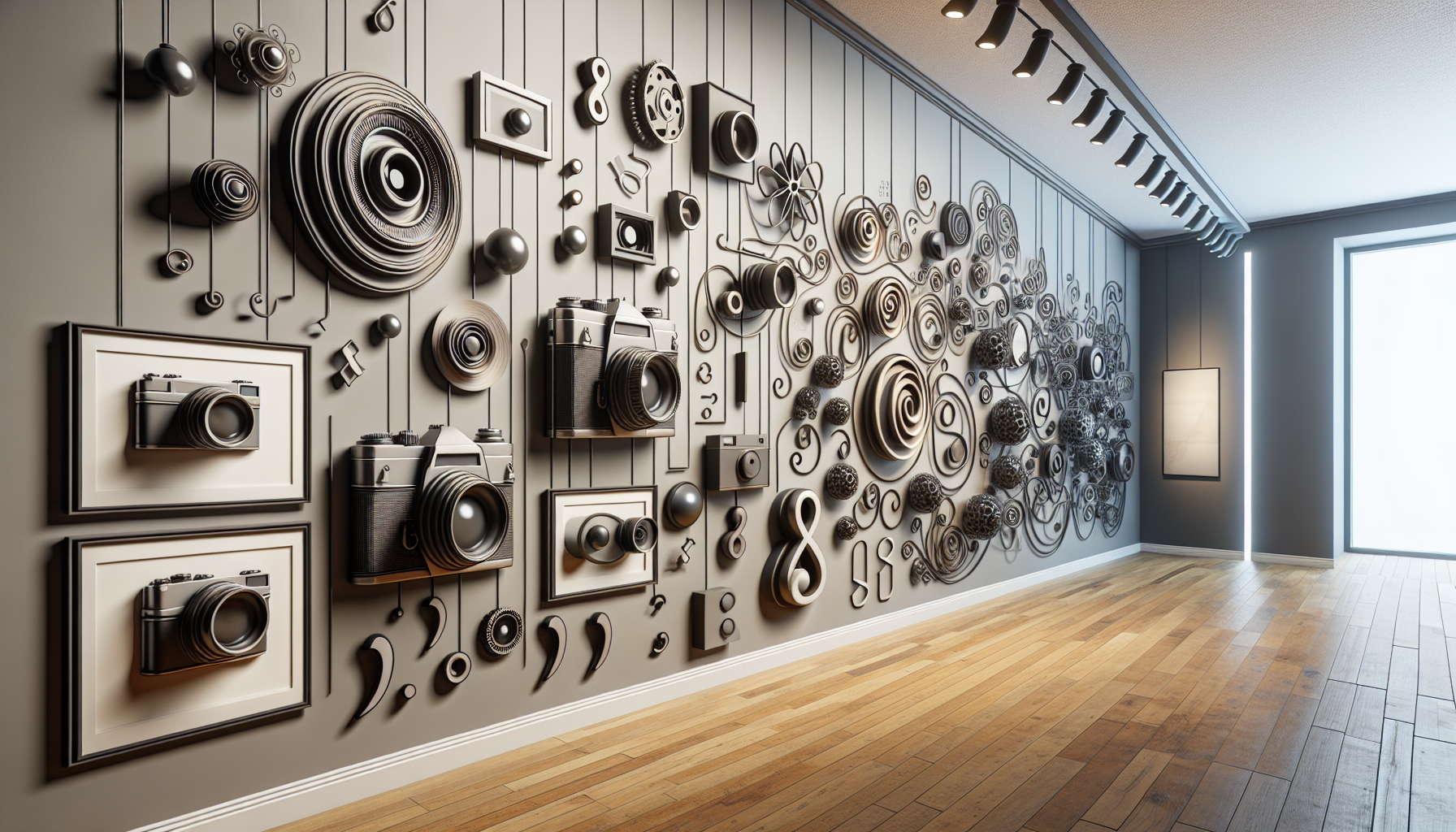 An abstract representation of JavaScript and photography intertwined. Depict various photographic elements such as cameras, film negatives, lenses, alongside JavaScript-related symbols such as curly braces, semicolons. Visualize this in a gallery setting with walls populated with these symbols instead of traditional photo frames. The aesthetic of the gallery interior - sleek, modern lines and soft, ambient lighting, with striking contrast between light and dark areas. Don't include any text, people, brand names, or logos.