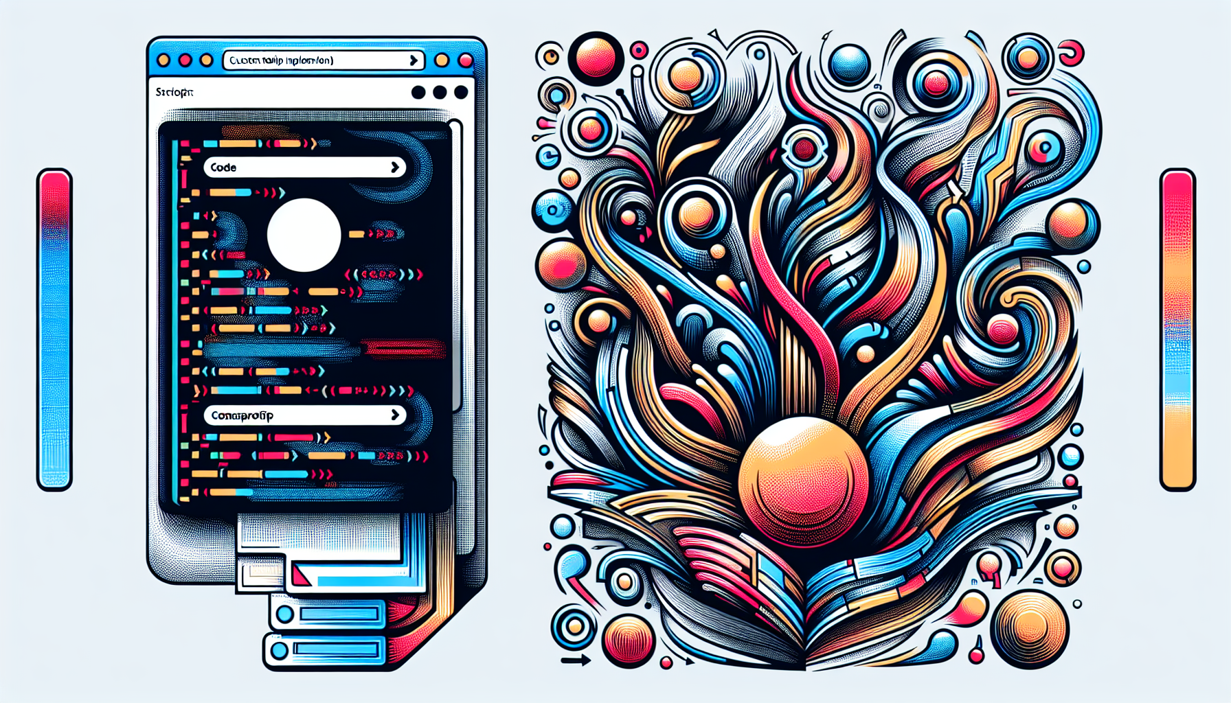 An image visualizing the process of custom tooltip implementation using JavaScript. In one corner of the image, show a stylized browser window, devoid of any specific brand markers, and filled with lines of indistinct code. From this browser window, show a few lines of the code, again nonspecific and non-branded, evolving into colorful abstract shapes, representing the transformation of code into a user interface. These abstract shapes lead towards an interactive interface element, like a button, showcasing an ambiguous tooltip appearing upon interaction. Please ensure no people, text, brand names or logos are present in the image.