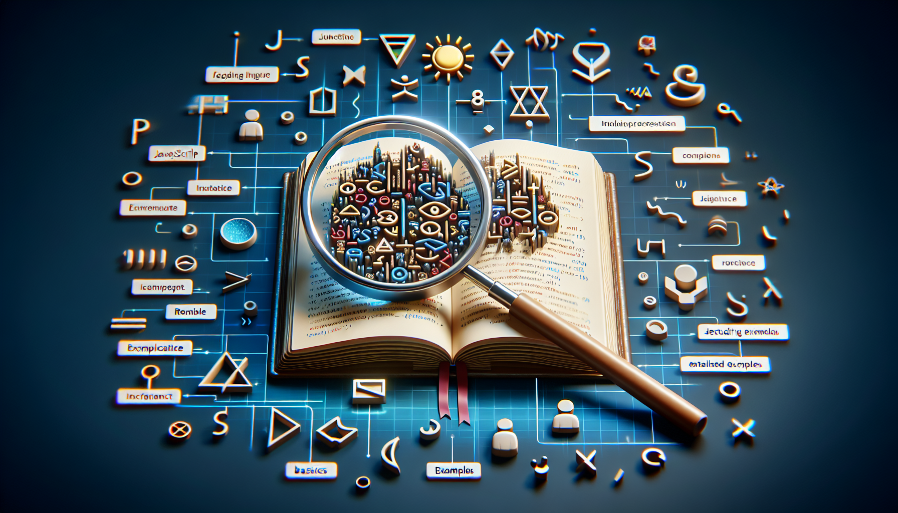 An immersive visual representation of JavaScript functions, excluding human presence. Depict an open book with abstract symbols to represent coding language. Alongside, showcase a magnifying glass focusing on a particular portion of the symbols, signifying detailed examples. To exemplify the basics, show uncomplicated symbols that evoke the essence of JavaScript. Remember, no text, brand names, logos or direct references to JavaScript should be visible.