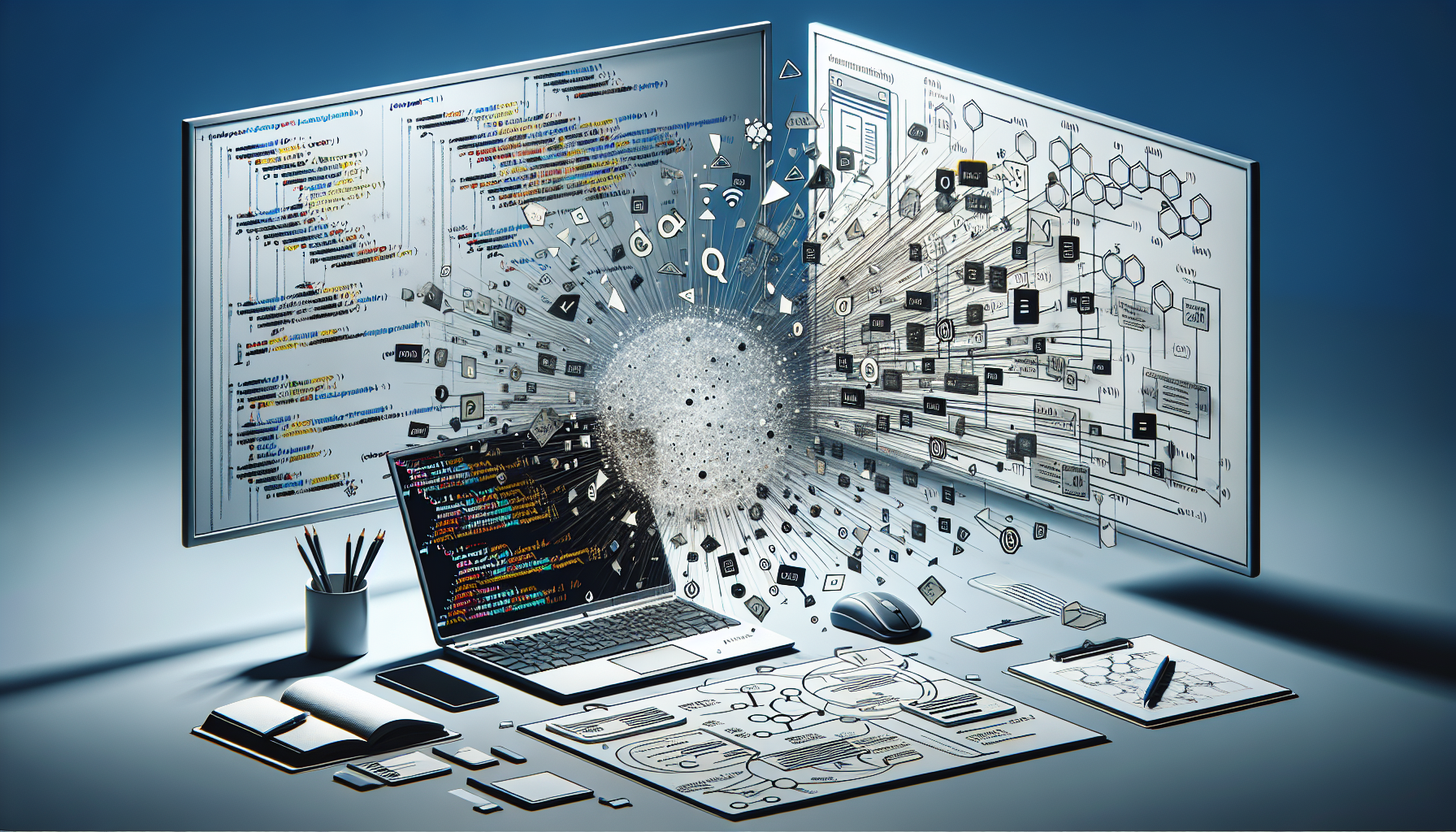 Visualize an abstract concept linked to coding in JavaScript Modules. Imagine a desktop environment showcasing an open laptop, its screen flooding with code symbols and elements associated with JavaScript Modules, such as braces, dots, and semi-colons without showing any actual text or brand names. To its side, imagine a whiteboard featuring a flowchart or mindmap that interacts with the lines of code emanating from the laptop, again without any name or actual text, symbolizing a conceptual process of using JavaScript Modules. The scene should be devoid of any human presence, giving full focus to the objects and their implied interaction.