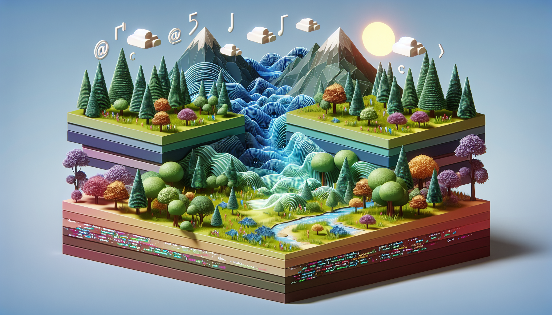 A digital three-dimensional landscape filled with nature elements like trees, mountains, and rivers. The scene is divided into multiple layers which are clearly differentiated by their colors and unique digital patterns. One layer is closer to the viewer while the other one is at a distance, illustrating the parallax concept often used in web development. Alongside the nature scene, visibly separate, there are semi-transparent icons of curly brackets and other coding symbols, representing JavaScript. The entire scene pulsates as if the code's flow is causing the layers to move with a parallax effect.