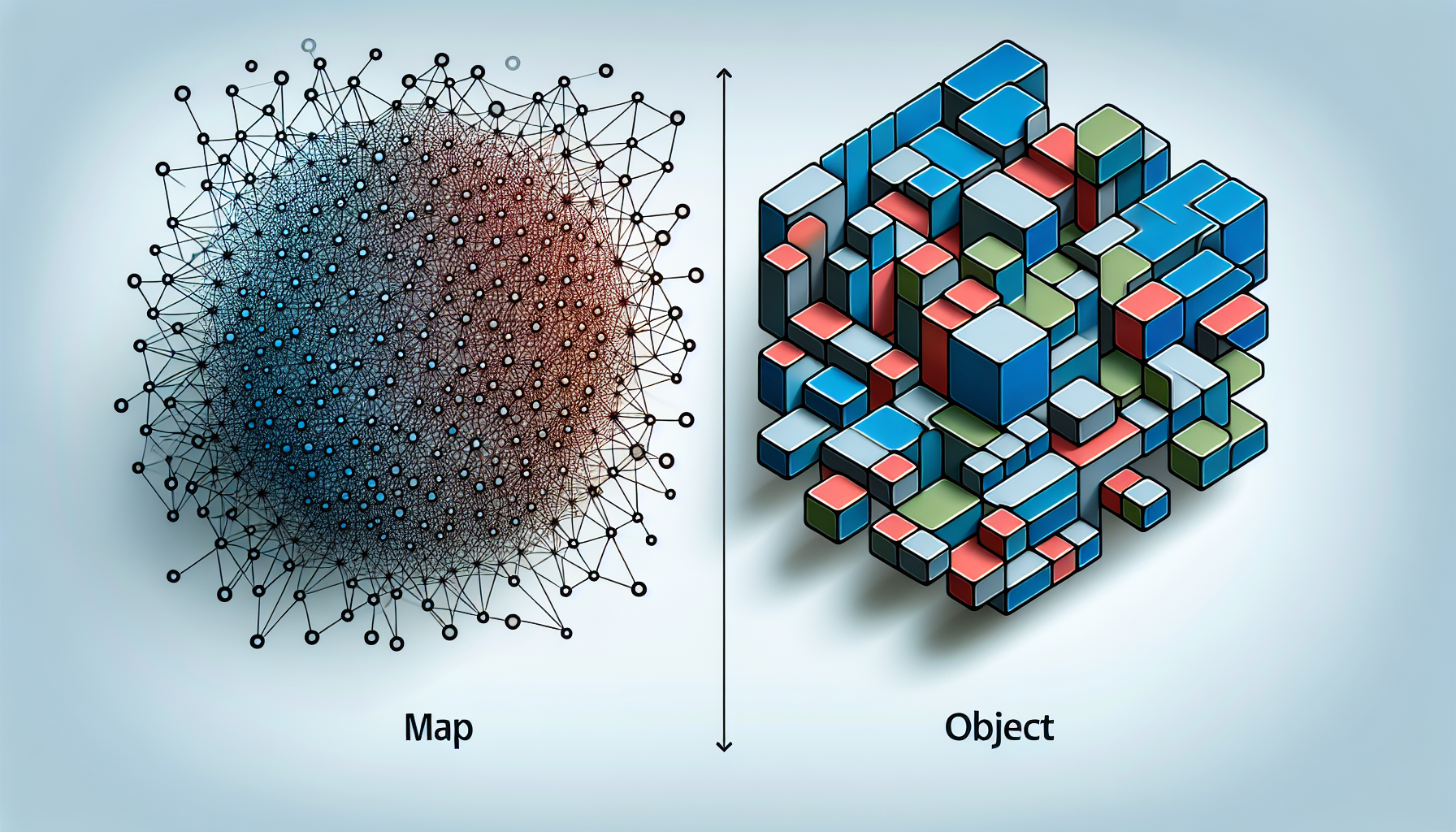 An abstract representation of a JavaScript map and an object to identify differences. On one side, portray a geometric shape filled with smaller interconnected nodes, denoting the dynamic nature of Map. On the other side, portray another geometric shape made of neatly arranged blocks, symbolizing the structured nature of an Object. Both these entities are divided by a thin line, indicating differentiation but use similar color schemes, hinting at their shared origin in JavaScript. Ensure to have no text, brand names, logos or human figures in the image.