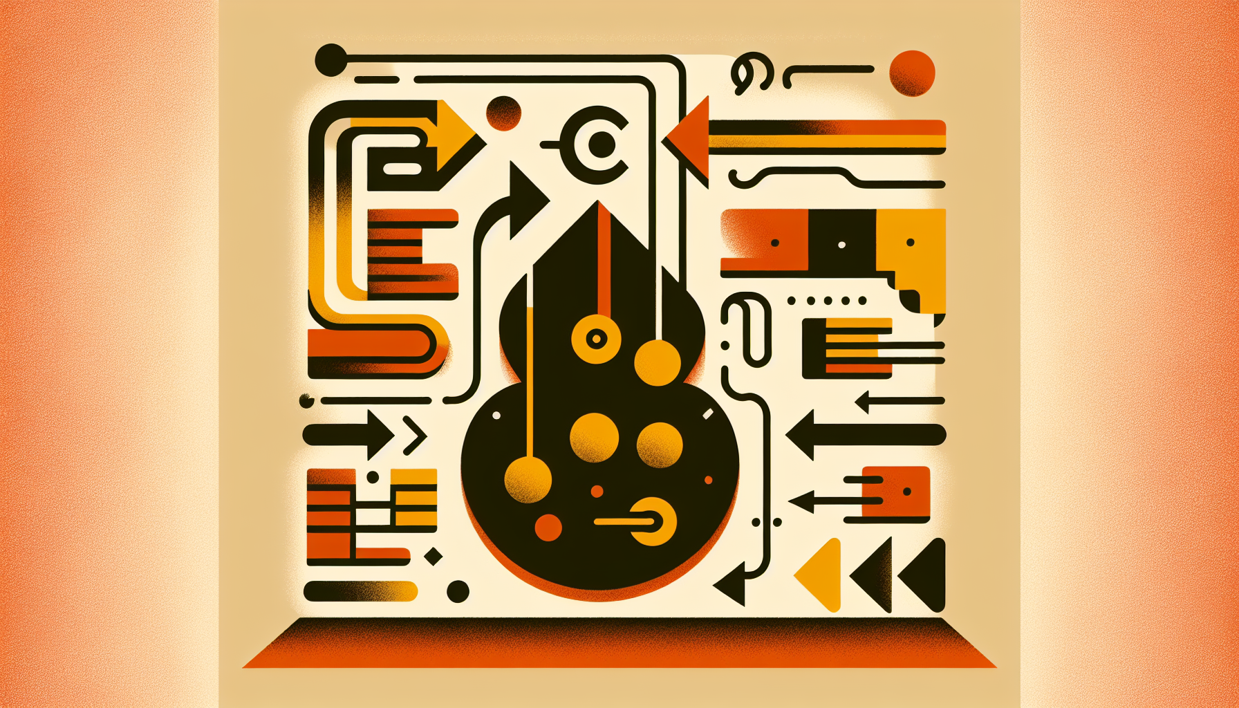 A minimalist, abstract representation of the process of using the Fetch API in JavaScript. The image should incorporate abstract symbols to represent code, like curly braces and semi-colons, as well as symbolic representations of data transfer, such as arrows or lines connecting boxes. In the center, a large, stylized cursor should hint towards programming activity. The palette should consist of warm and inviting shades of orange and yellow. Ensure no text, people, brand names, or logos are present in the image.