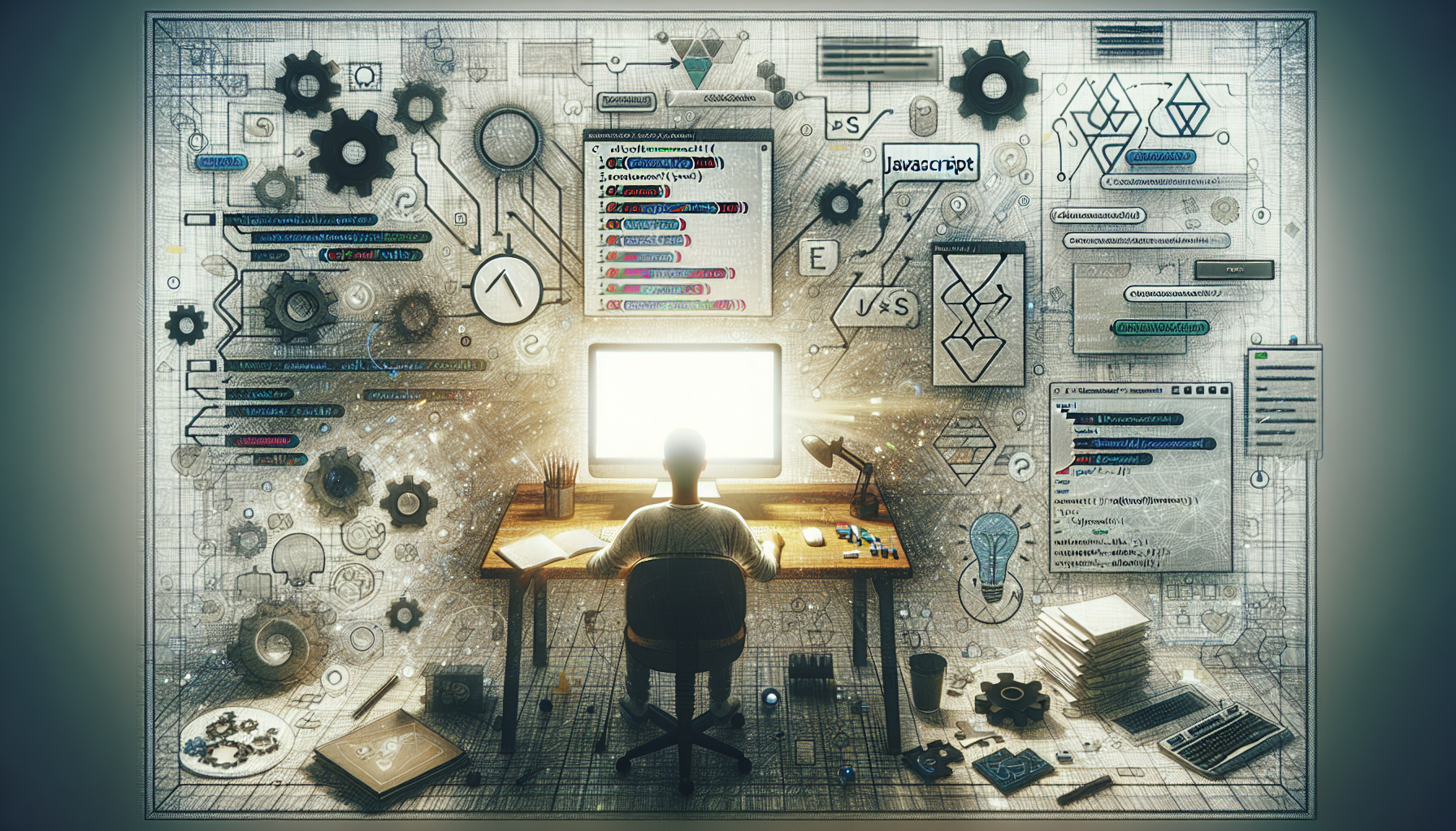 An abstract conceptual image signifying JavaScript and plugin creation. Imagine a work desk filled with diverse developer tools but void of any brand symbols or text. Visualize a bright computer screen illuminating a code editor open with an anonymous JavaScript code. Nearby lay a couple of flowchart diagrams drafted on a clear whiteboard, representing a plugin architecture. Surrounding those items are various gears and puzzle pieces, symbolizing custom plugin development. The image exudes the essence of coding and development, but without the presence of humans, brands or text.