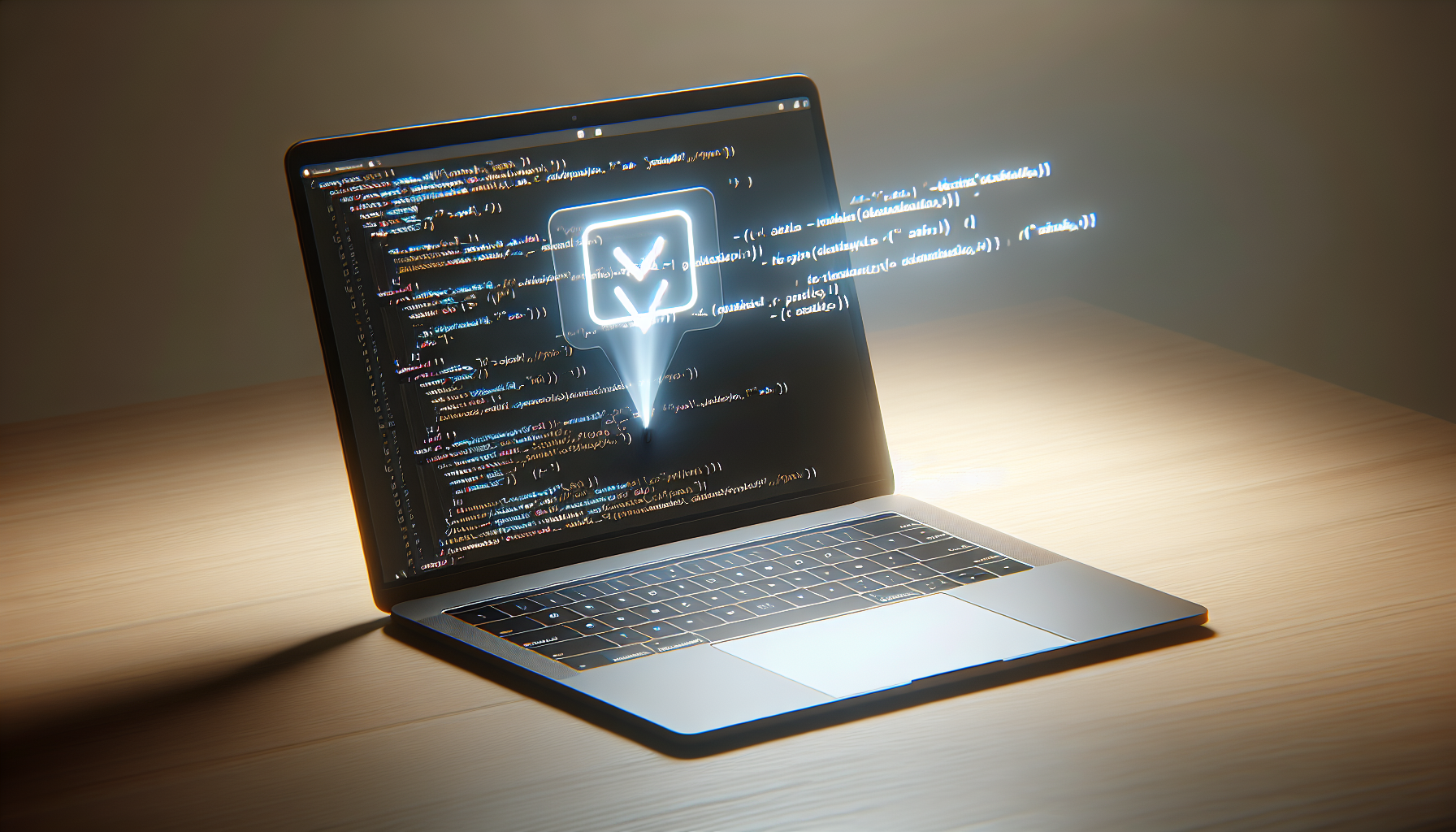 A sleek laptop with a clear screen, placed on a simple wooden desk, showcasing open lines of code in an unknown programming language. A digitally lit tooltip emerging from the screen, signifying a coding function, giving a feel of JavaScript in action. The background is neutral toned, devoid of any explicit brands or logos, enhancing the focus on coding and tooltips.