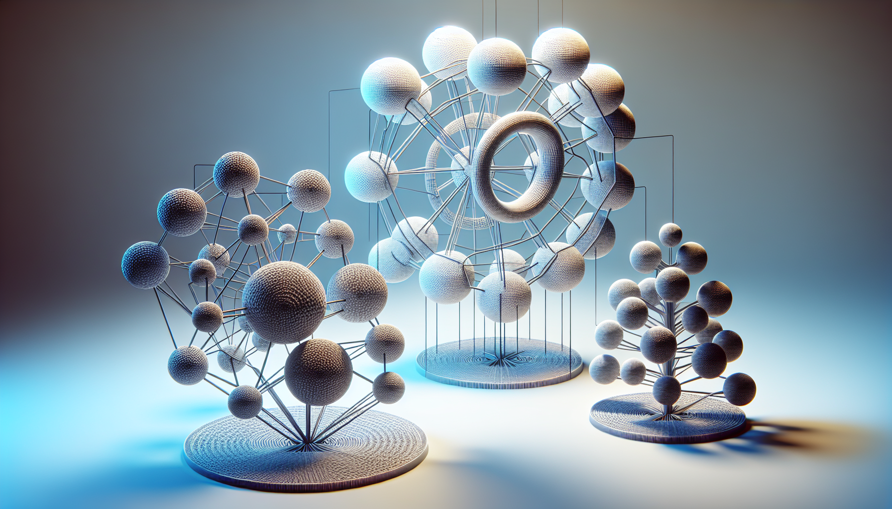 In this image, visualize a set of abstract 3D shapes representing data structures, one for JavaScript Set and the other for JavaScript Map. For the Set, use interlocking circles - symbolizing the concept of a mathematical set where each unique value is a separate circle. For the Map, consider using a tree-like structure with branches leading to different nodes, emphasizing the key-value pair concept. The entire image should be executed in a minimalistic, sleek, and modern aesthetic. All elements should be free of logos, text, brand names, and people.