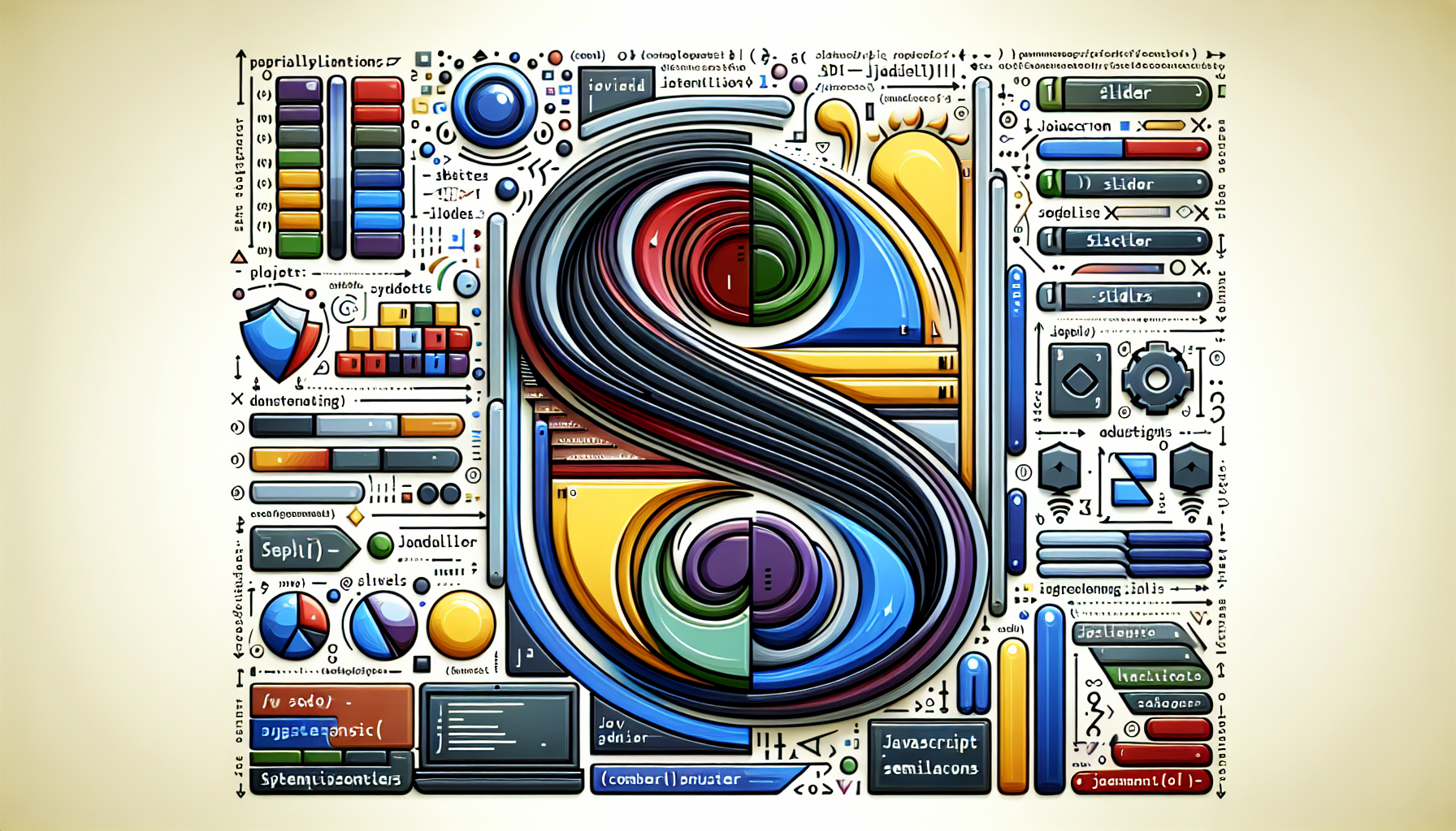 Visualize an abstract concept of JavaScript in an image showing the process of building a slider. The design of the slider should reflect various sliding elements that serve to adjust diverse values, mimicking the functionality of a typically adjustable slider component in a user interface. To represent JavaScript, depict symbolically objects associated with coding such as brackets, curly braces, semicolons without any accompanying text. Strictly avoid including particular brand logos, people or any form of text in the image. Include a rich palette of colors and attention to detail in the depiction of the slider and JavaScript elements.