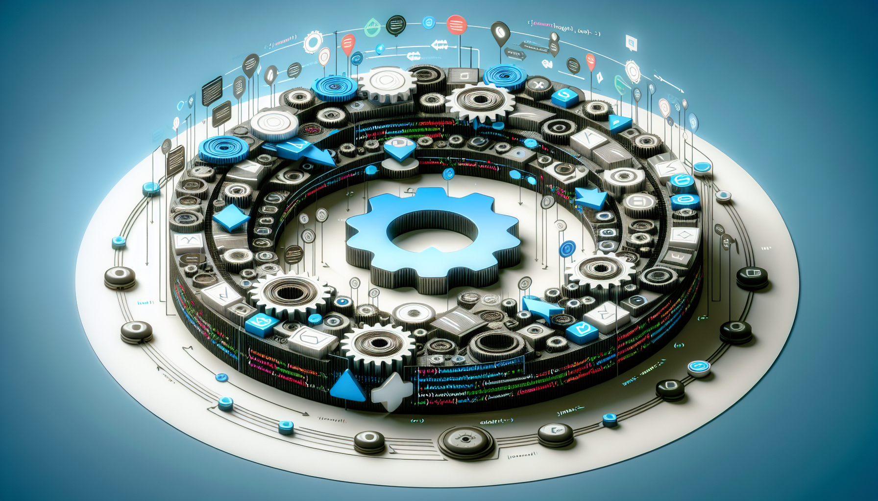 An abstract representation of a computer process visualizing the concept of JavaScript's event loop. The image showcases a cycle-like structure, emblematic of the event loop, with various arrows signifying looping actions. Diverse symbols such as gears, code snippets, and nodes are included. The color scheme is centered around the typical coding environment - shades of blues, greys, whites, and a little touch of vibrant code-highlighting colors. No people, text, or recognizable brand symbols are involved in this image.