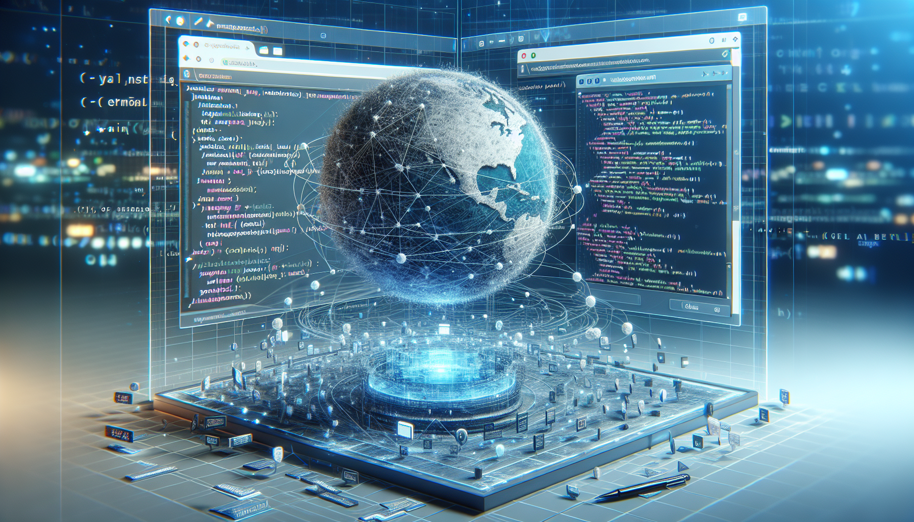 A visual representation of real-time web applications using JavaScript and Websockets. In the scene, a large orb made of code, with JavaScript syntax, floats above a network of interconnecting nodes representing web sockets. Below the node network, a web browser window displays a complex application working seamlessly in real-time, but no brands or logos are seen. The setting is on a desk, perhaps in an office environment, with digital screens showing data flow, but again, no people, brands or logos are present. The overall colors are soft blues and cyans to suggest a digital world, and the textures evoke a techno-futuristic feel.