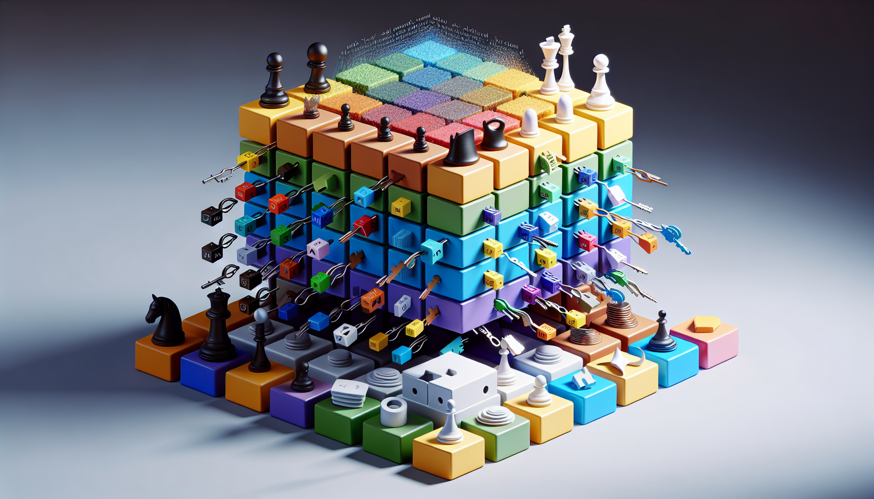 An abstract visual representation of JavaScript's Map and WeakMap data structure. The 'Map' structure can be metaphorically represented by organized boxes of differing color, containing symbolic key-value pair items such as miniature lock and keys, chess pieces, or color-coded shapes. The 'WeakMap' can be depicted similarly, but with a more ephemeral, ghost-like representation to suggest its unique non-enumerability and garbage-collectible properties. The whole composition should convey the dynamics of how these JavaScript objects work, without the inclusion of any human figures, brand names, or text.