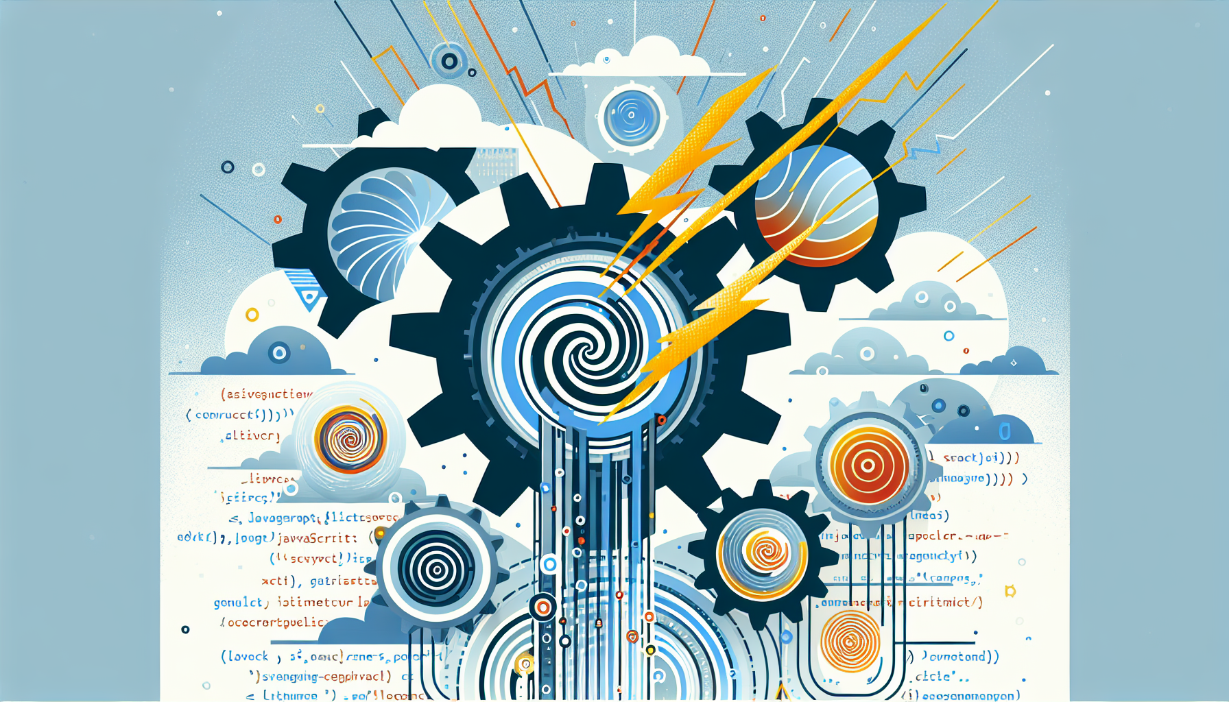 A symbolic representation of JavaScript's Async Generators. Illustrate a series of abstract gears working asynchronously, associated with a constantly-fluctuating digital landscape suggesting code. Incorporate some lightning bolts, representing the asynchronous nature of JavaScript's Async Generators. Also include a spiral shaped generator to symbolize generating a series of values. No text, brand names, or people should be included in this image. Overall the image should be in a modern, minimalistic and abstract style.