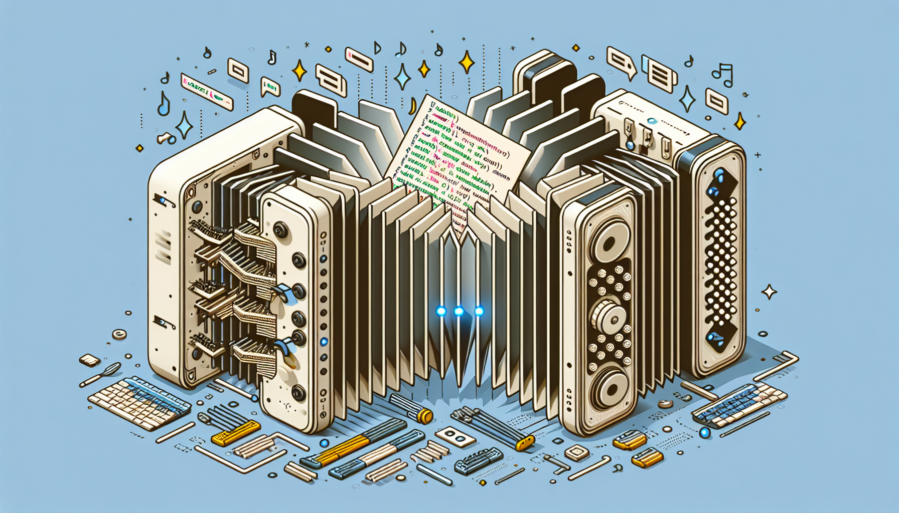 An image illustrating the concept of building a custom accordion with JavaScript. It should depict an accordion in the process of being built, with different parts disassembled and spread out, and lines of code written in JavaScript lighting up the scene in a subtle, abstract manner, symbolizing that they are the ones giving life to the accordion. The colors should be neutral and the style professional, suitable for a technical article. Please avoid including any form of text, people, brand names, or logos in the image.