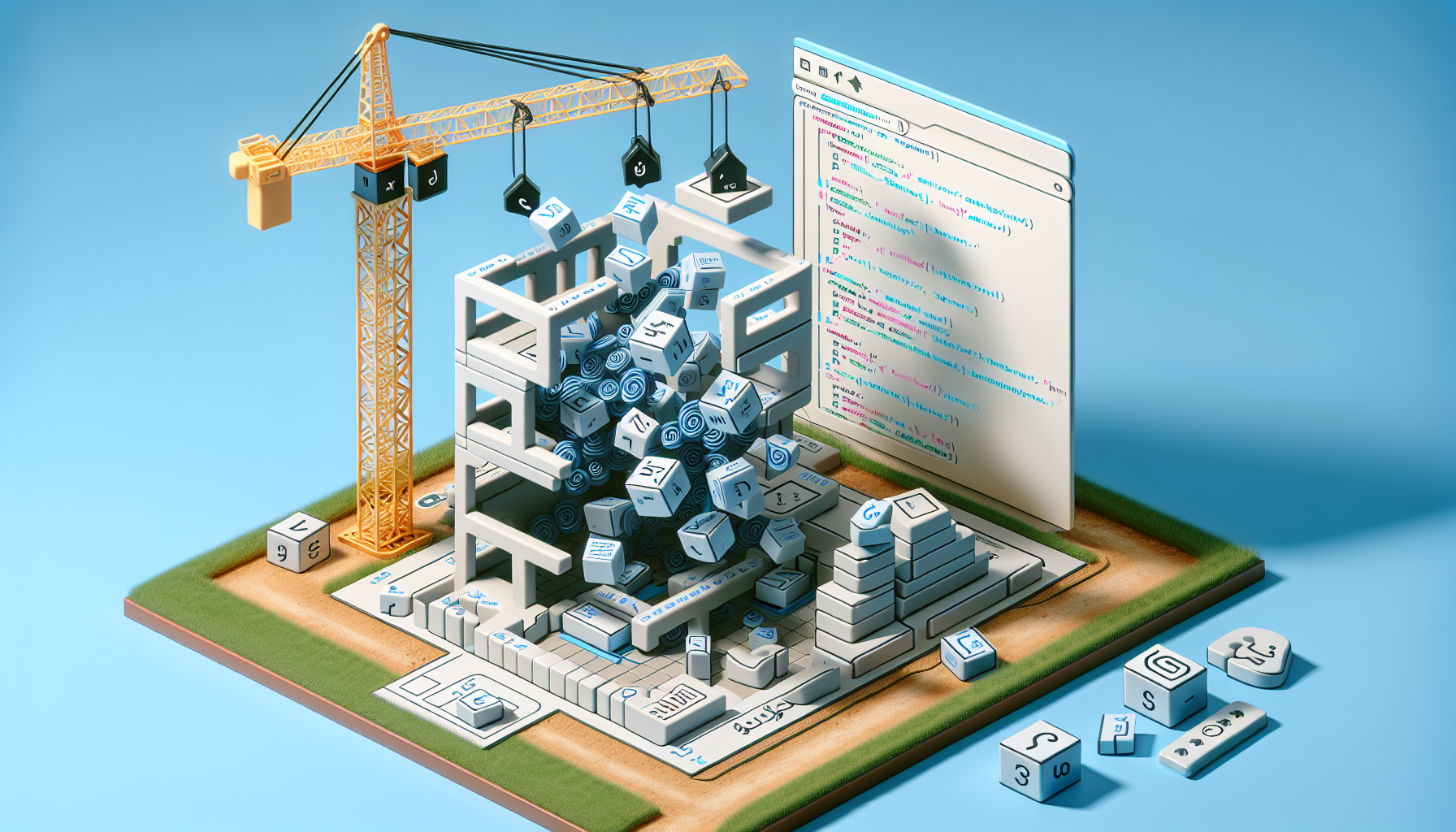 Visual representation of an abstract concept: an interactive quiz being built with a programming language. The image presents a physical construction site where a structure, symbolizing a quiz, is taking shape. The crane is dropping blocks of code into the structure. The blocks are shaped like curly braces, a characteristic feature of JavaScript code. A ground plan at the edge of the construction site showcases a quiz structure layout with various sections: questions, options, buttons. There are no people or text within this image, and it is void of any brand symbols or logos.