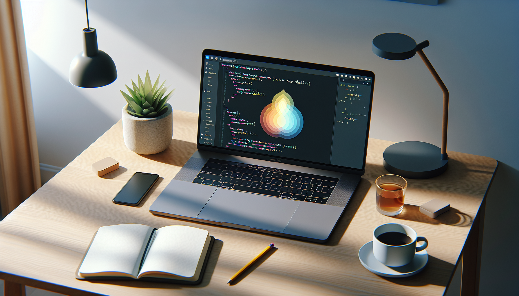 An image depicting the process of creating custom select dropdowns using JavaScript. The scene includes a clean, modern, unbranded laptop on a wooden desk, illuminated by soft natural light from a nearby window. On the laptop's screen is a graphical representation of a JavaScript code snippet with an abstract multicolored shape suggesting a dropdown. Next to the laptop, there's a cup of coffee, a small indoor plant for a touch of nature, and a closed notebook with a pencil but no visible text or logos on anything. Please keep the text out of the visualization.