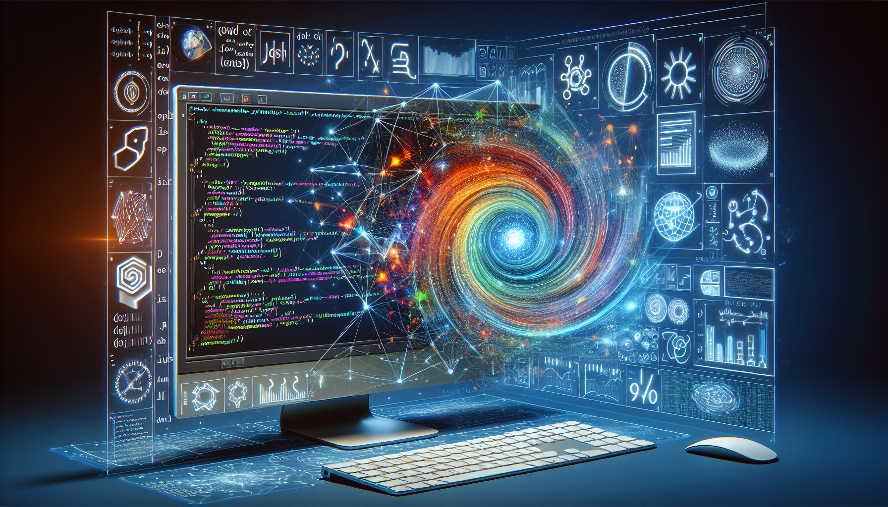 A detailed image relating to the concept of dynamic data visualization using JavaScript for an article. The scene features a computer screen with abstract symbols representing JavaScript code. Next to it, is a projection of dynamic, colorful 3D charts, infographics, network diagrams, and other form of data representation, all radiating out from the screen. Make sure no text, brand names, logos, or people are in the image.