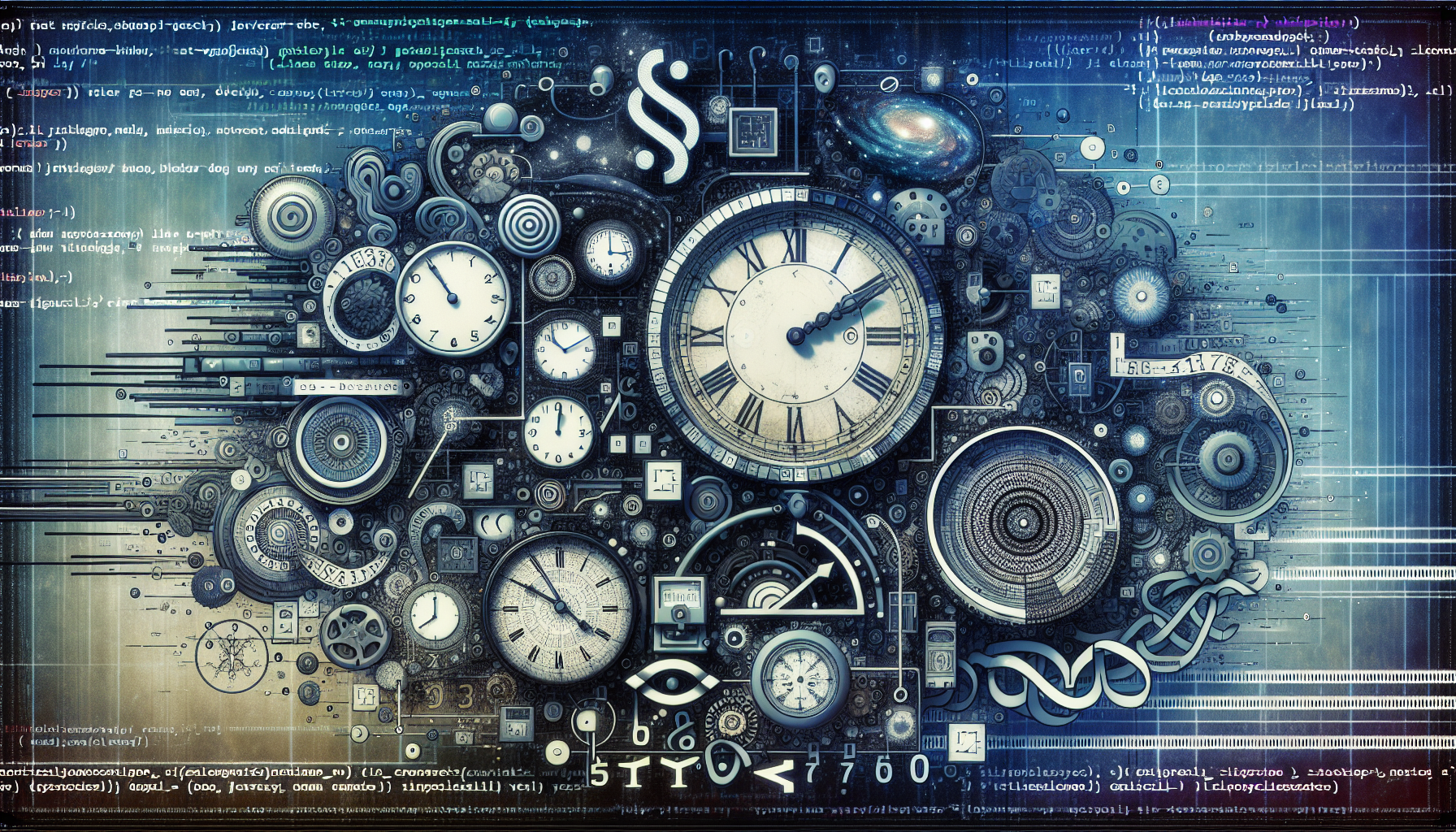 An abstract representation of the concept of date and time according to JavaScript's Temporal proposal. The image includes a variety of symbolic imagery associated with JavaScript, such as curly brace ({}) motifs and general Internet symbols set against a digitally-rendered backdrop. To represent the date and time, we see vintage analog clocks seamlessly blended with futuristic time perception, showcasing shifting hours, days, months, and years in a unique, non-linear perspective. All elements hold a subtle coding aesthetic, with binary patterns subtly incorporated within the elements, but no text, people, brand names, or logos are to be found anywhere in the image.