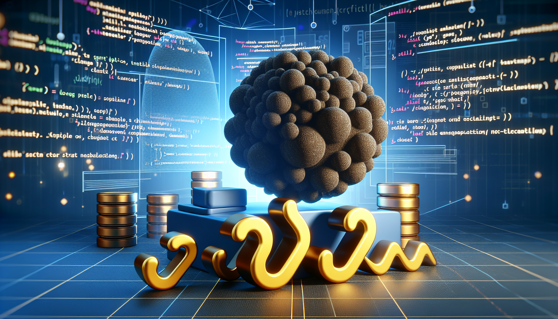 A symbolic representation of JavaScript language and the Shadow DOM concept. Picture a programming environment with elements such as a golden curly brackets nestled next to a looming shadowy sphere, signifying Shadow DOM. The scene includes a number of encapsulating cylinders to represent script and style encapsulation. In the background, appearances of coding symbols and digital data are faintly visible, alluding to the world of programming. No people, text, or brands are present in this image.
