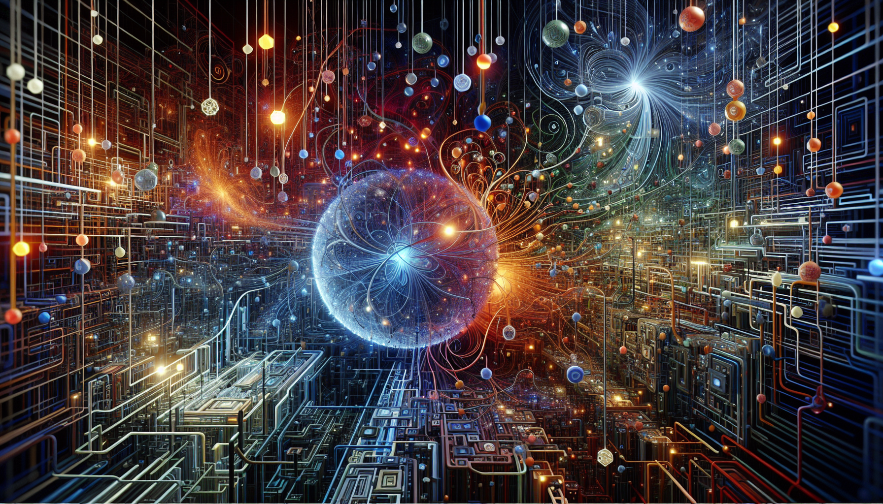 Generate an abstract image symbolic of JavaScript's Atomics and SharedArrayBuffer without depicting any people, brands, or textual elements. Picture a metaphoric scene with intertwined wire-like elements simulating programming codes and Binary trees illuminating with different colors to signify data points. Incorporate also a blue crystal ball signifying unity and coexistence in the midst of these complex structures. Small orb-like structures ensnaring various areas within these trees, indicating concurrent programming. The image should encompass the vastness and interconnectedness associated with the realm of Concurrent Programming in JavaScript.