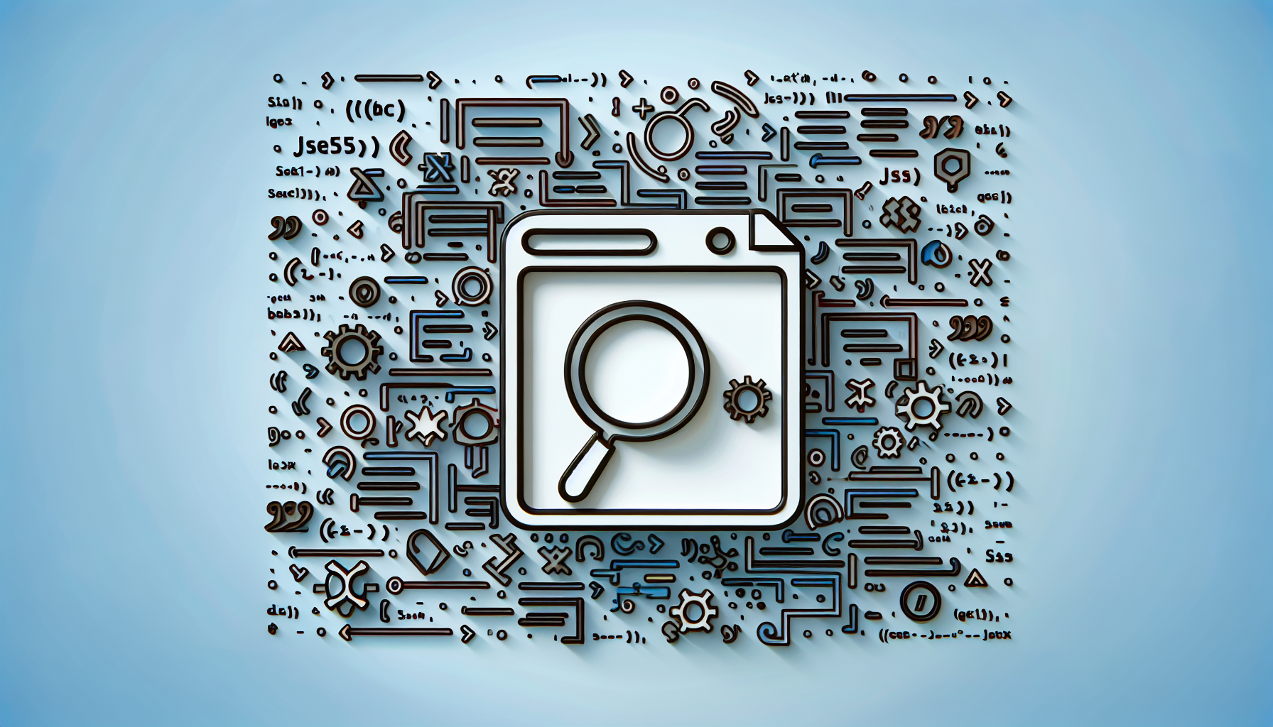 Visualize a custom search component placed amidst an array of code snippets symbolizing JavaScript. The search component should be distinct and clearly identifiable. It should be a rectangular box with a small magnifying glass symbol on the right side, the universal symbol of search functionality. The background features abstract designs symbolizing coding architecture, like curly braces, semi-colons, and abstract symbols related to JavaScript. Ensure the absence of any text, brand names, logos and human figures, adhering to a minimalistic design perspective with an emphasis on symbolism.