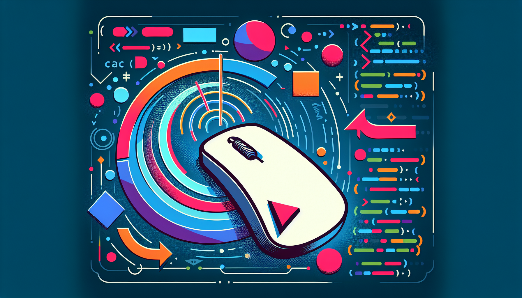 Create an image showing a symbolic representation of drag-and-drop sorting using JavaScript but without any human presence. Picture at the center a large computer mouse cursor that's grabbing and moving around abstract, colorful shapes, symbolizing data items. The shapes are hovering above a code snippet, with arrows and lines depicting the drag-and-drop sorting action. In the background, subtle symbols and icons like circle, line, and arrow used in coding. No text, brand names or logos to be included.