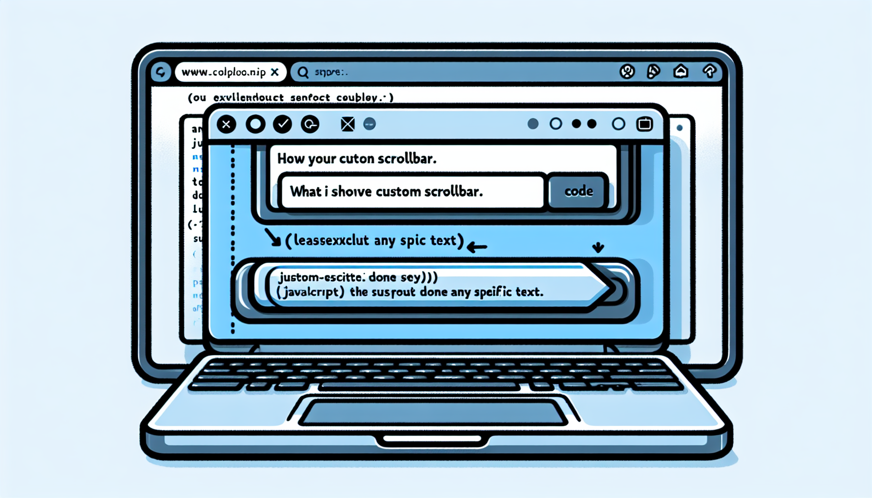 Display an illustration of a custom-designed scrollbar positioned next to a code editor with JavaScript code. The JavaScript code does not contain any specific text. The custom scrollbar should be clearly visible with a unique design, indicating that it is not a standard scrollbar but a custom one done using JavaScript. The code editor and scrollbar should be displayed on a simple, unbranded laptop. Please exclude any people, brand names, text, or logos from the image.