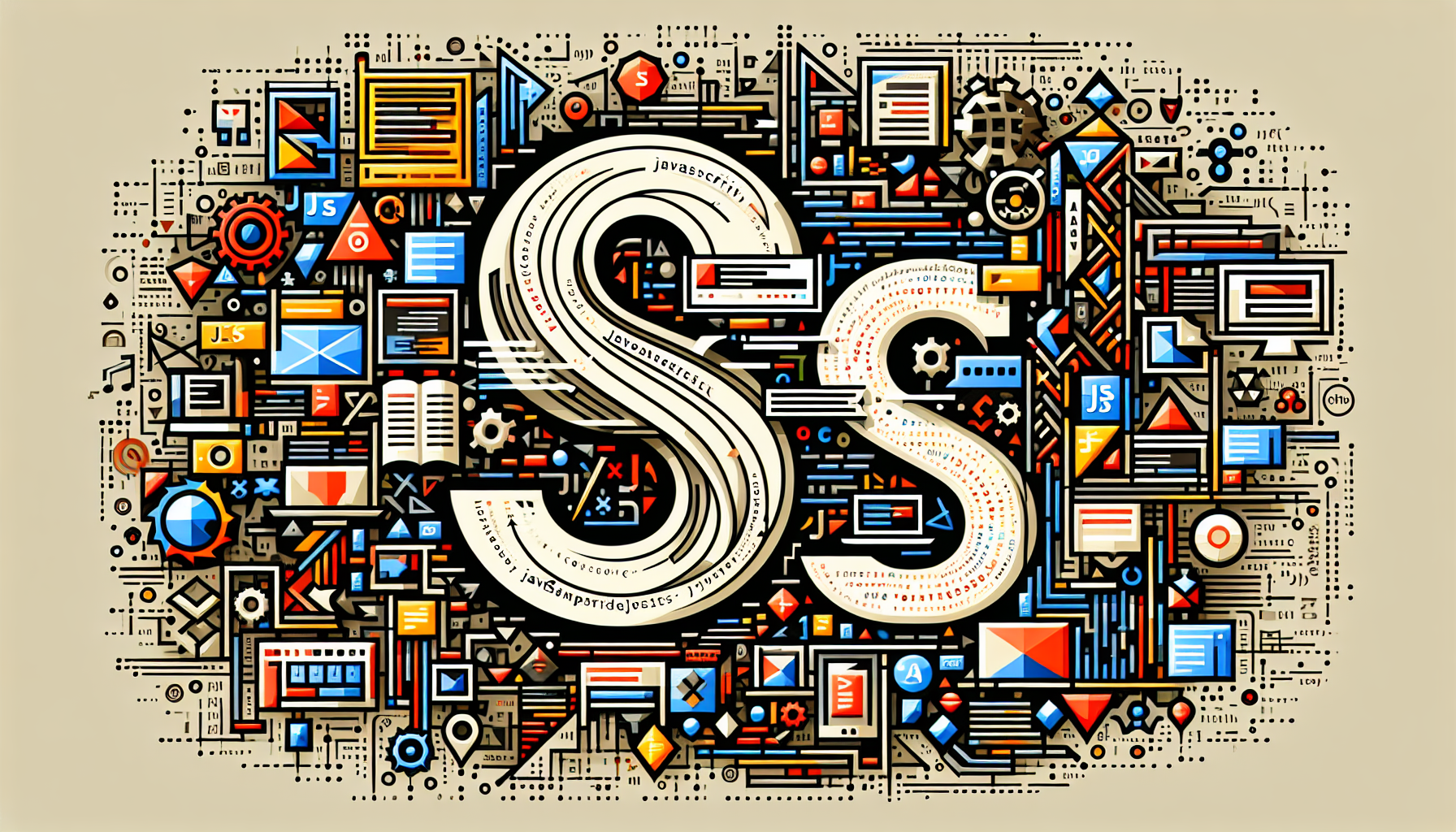An abstract symbolic representation of JavaScript and SVG creating interactive graphics. The design should be generic, with no discernible brand names or logos; it should only have elements that symbolically represent JavaScript and SVG. JavaScript is represented by a large 'JS' made up of smaller code snippets. SVG is represented by a stylish vector graphic design. They entwine and interact, signifying their cooperation in creating interactive graphics. Note that the image is devoid of people and any text.